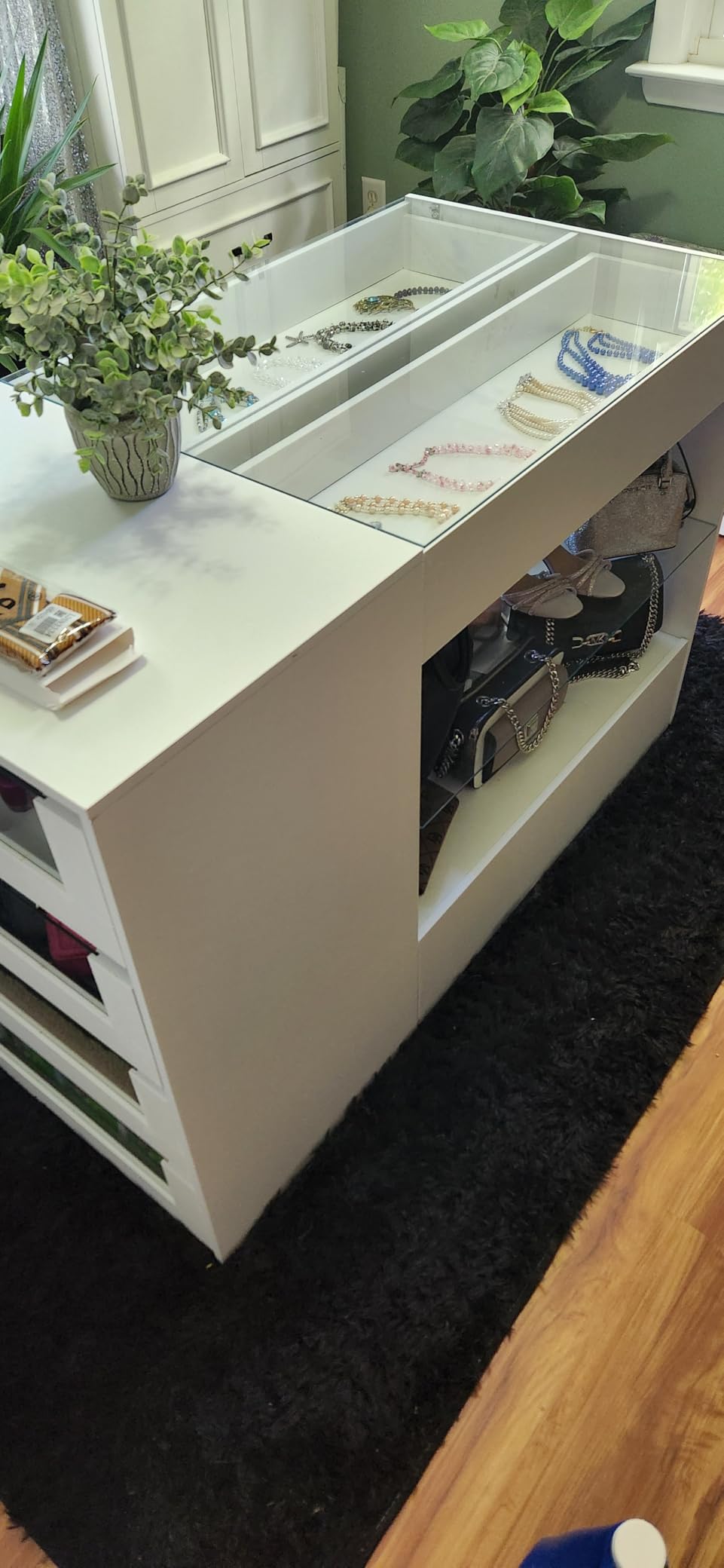 Lockable Glass Display Cabinet Closet Island, Glass Top Storage Cabinet for Retail, Collectibles Showcase with 3 Doors, Walk in Display Island for Retail Shop, Cloakroom, White customer photo 1