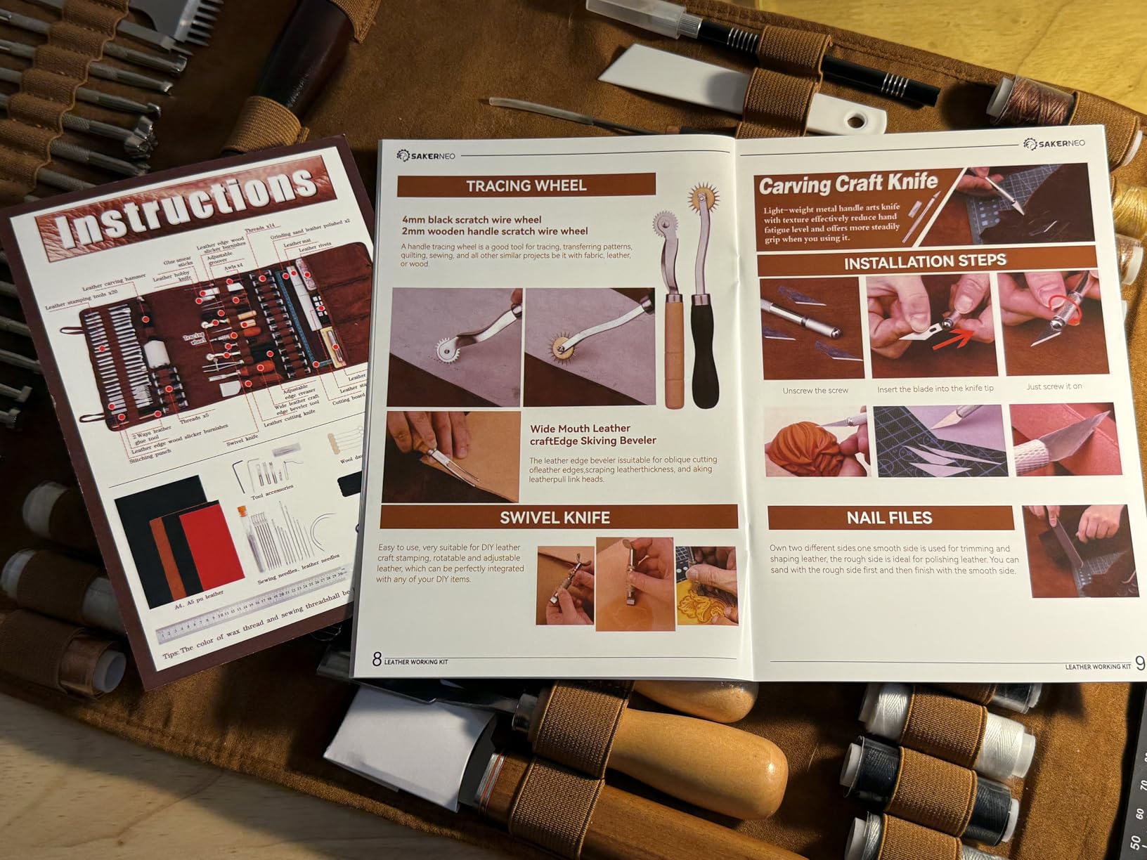 SAKERNEO Leather Working Tools Kit Max Version with Custom Handbag Cutting Mats Engraving Punching Sewing Stamping Sanding Tools for Handicraft Work,Repair customer photo 1