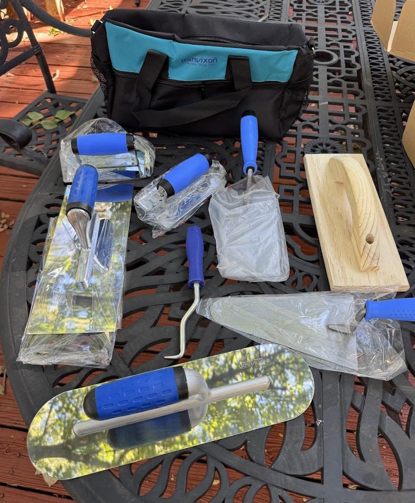 10 PCS Concrete Trowel Set, Professional Masonry Hand Tool Set | Large Flat Finishing and Pool Trowel, Wood Float, Concrete Edger and Groover, Margin Gauging, Wire Twister,Gloves & Carry Bag customer photo 1