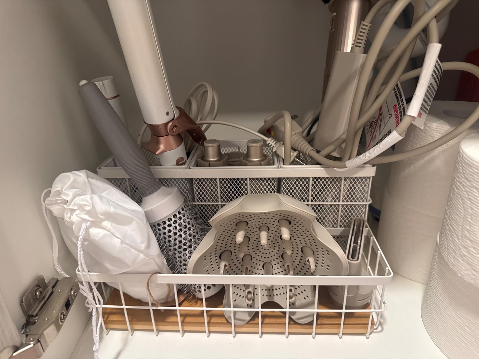 Hair Tool Organizer Countertop, Breathable Metal & Bamboo, Heat-Resistant, Removable Baskets customer photo 2