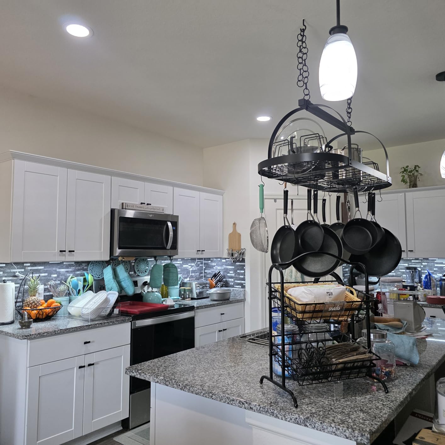 KES 48 Inch Large Ceiling Pot Rack with Lid Organizer, Oval Heavy Duty Hanging Pot Rack Ceiling Mount for Kitchen Over Island, Cast Iron Pan Hanger with 20 Hooks, 16