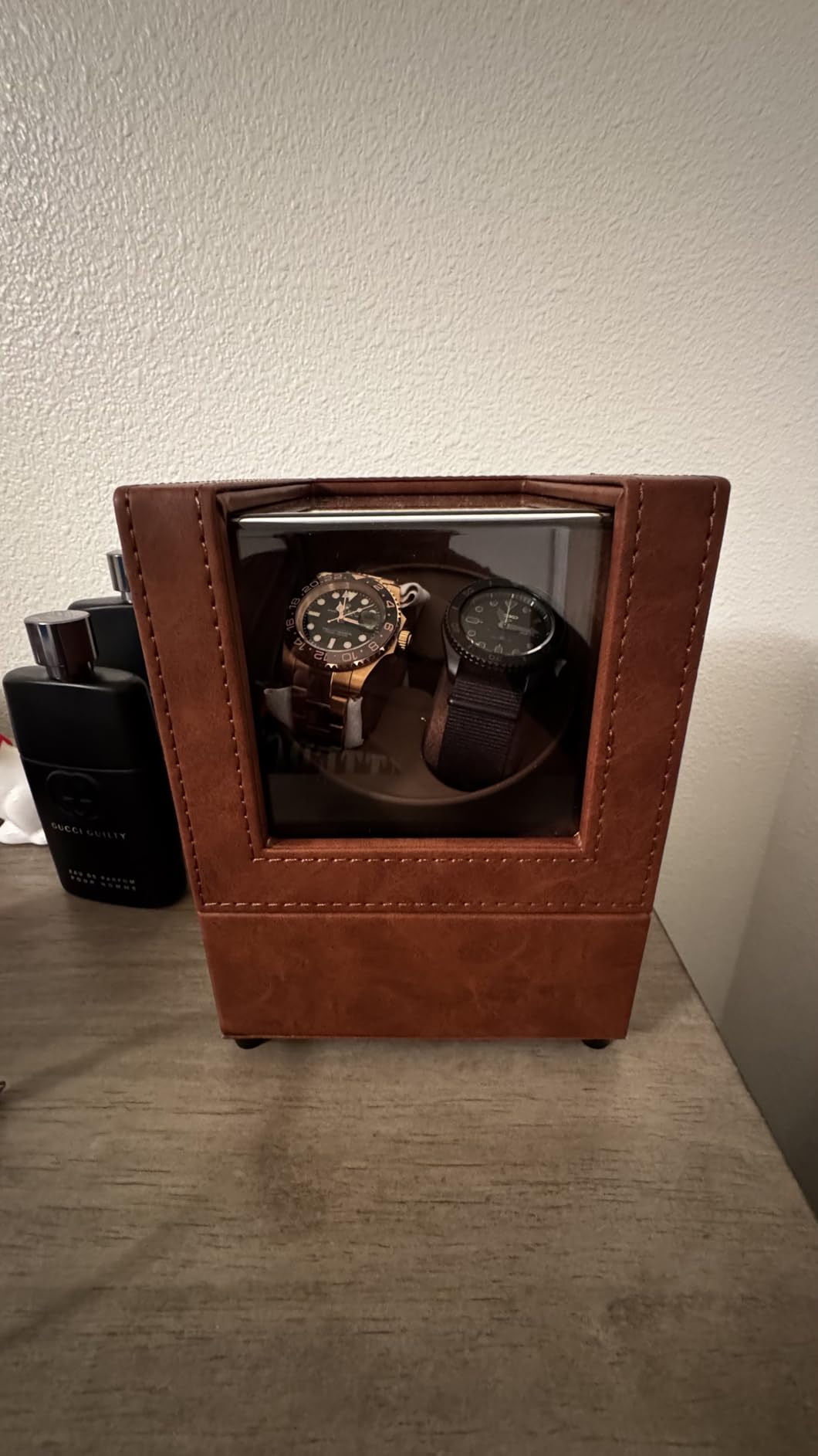 Mcbazel Watch Winder for Automatic Watches, Double Automatic Watch Winder Box with Quiet Japan-made Motor, Automatic Watch Display Storage Rotation Wristwatch Box with 2 Slots (Brown PU Leather) customer photo 1