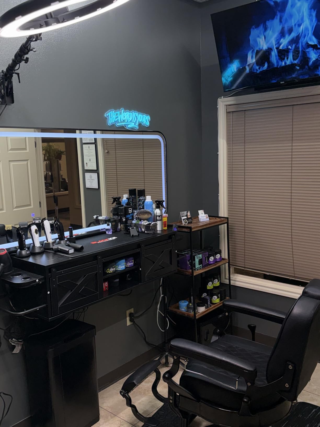 Wall Mount Hair Salon Station w/Multifunctional Storage Space, Black | Floating Salon Stations for Hair Stylist with 2 Sliding Barn Doors, Barber Desk with 3 Hair Dryer Holes, 2 Towel Racks customer photo 2