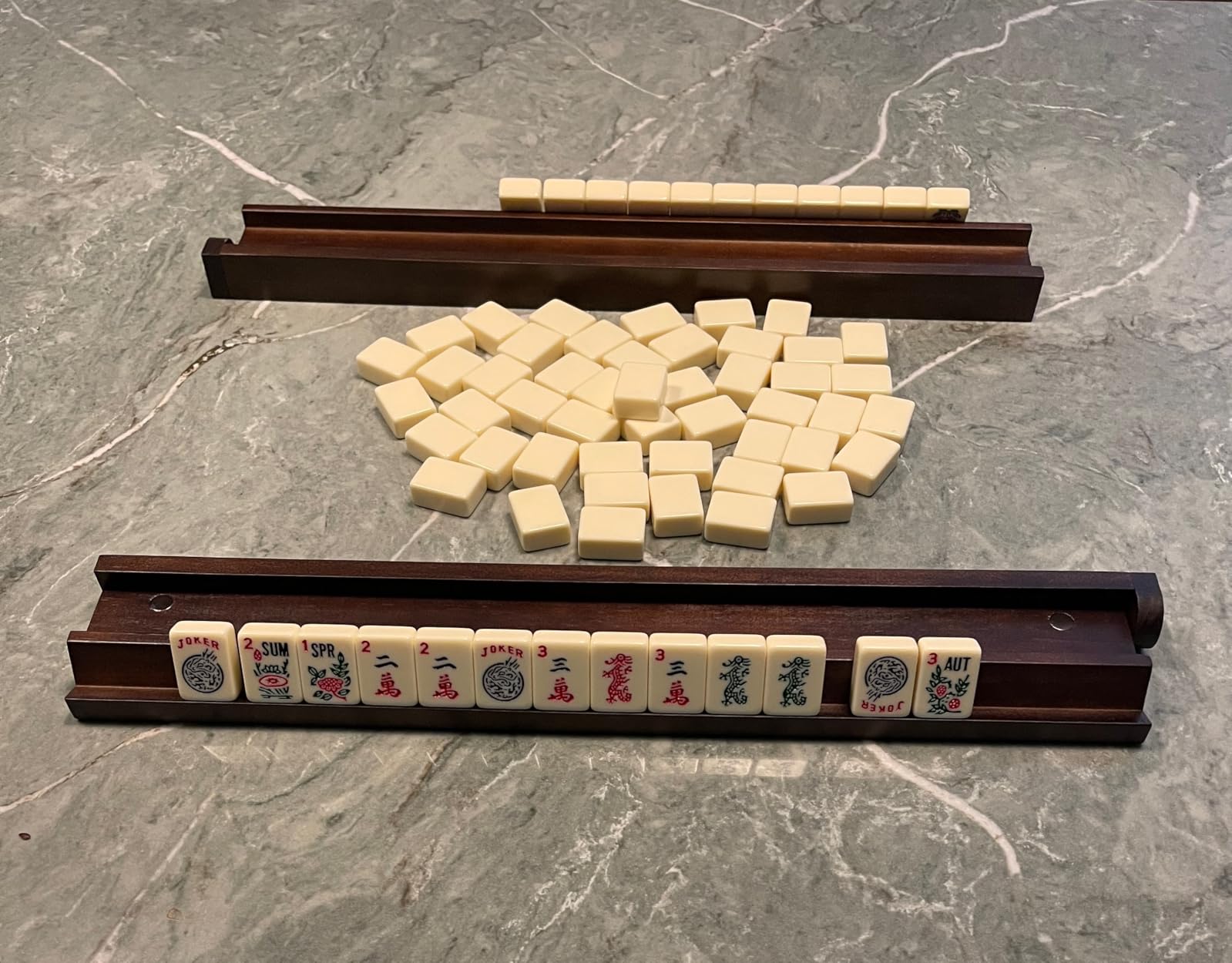 MUTEX American Mahjong Game Set, 166 Premium Mahjong Tile Set with Traveler Size Stylish Blue Carrying Bag, Western Mahjong Set with 4-Piece Walnut Wood Mahjong Racks/Pushers customer photo 1