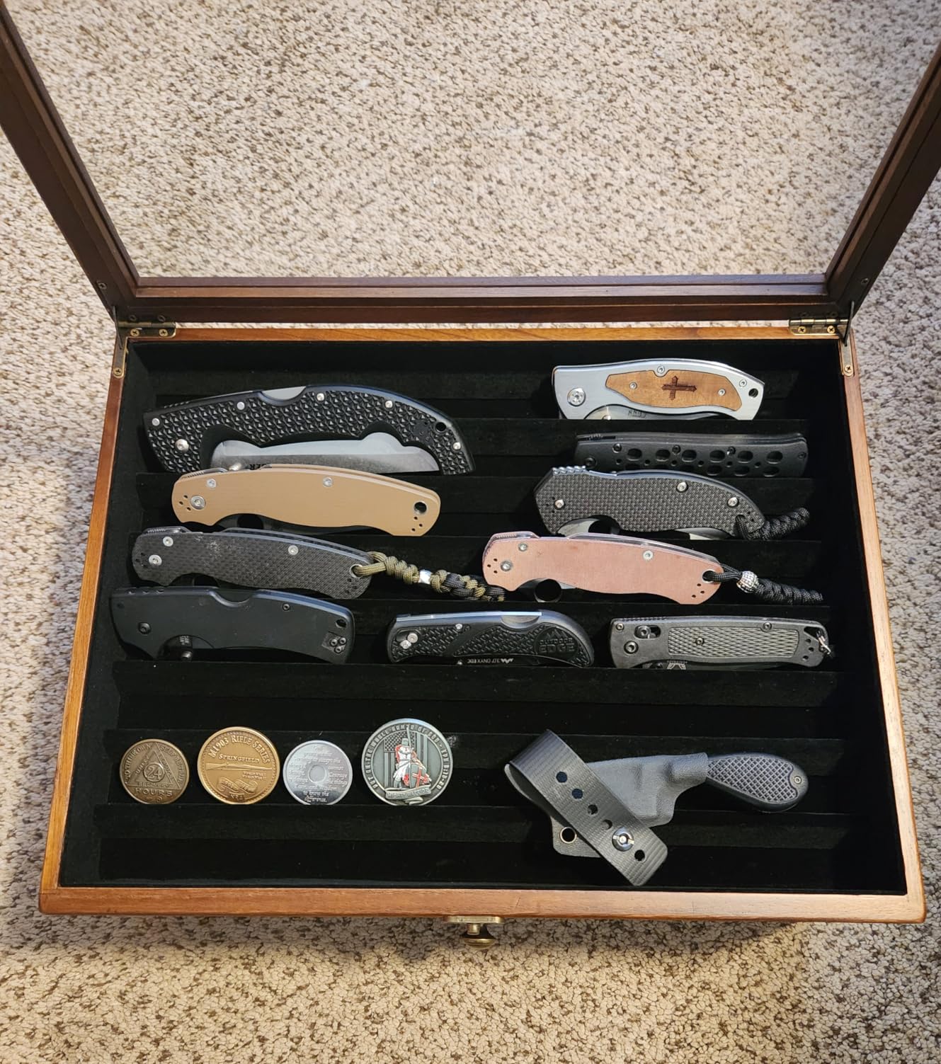 Large Knife Display Case, 3-Tier Pocket Knife Organizer and Storage Box with Transparent Lid & Drawer, for Folding Knife and Dagger Collections, Ideal Men's Gift(Walnut) customer photo 1