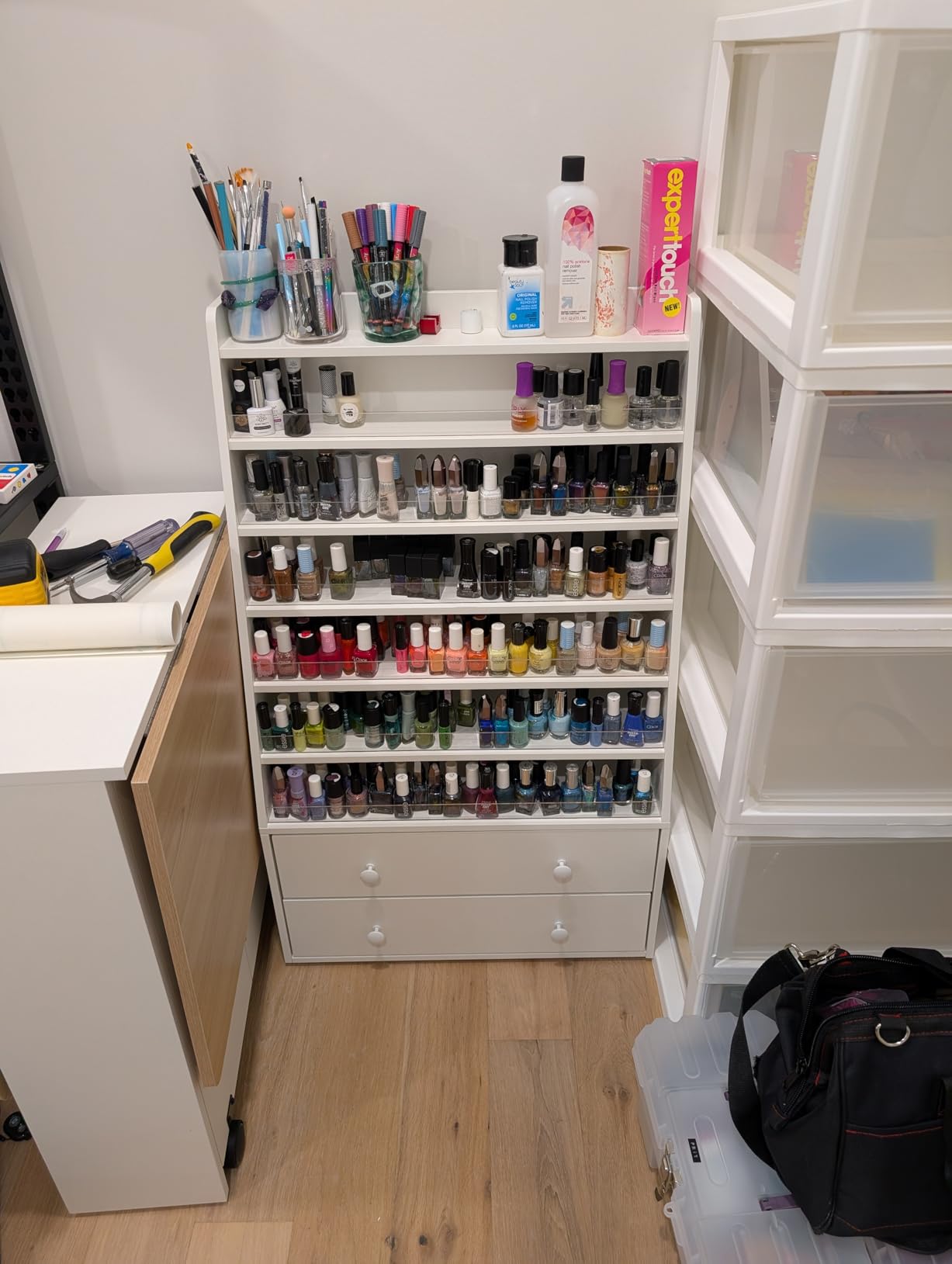 Nail Polish Rack with 2 Drawers, Salon Display & Storage Cabinet with Acrylic Baffle, Holds 700+ Bottles of Polishes, Essential Oils & Perfumes, Suitable for Nail Salon & Beauty Store, White customer photo 1