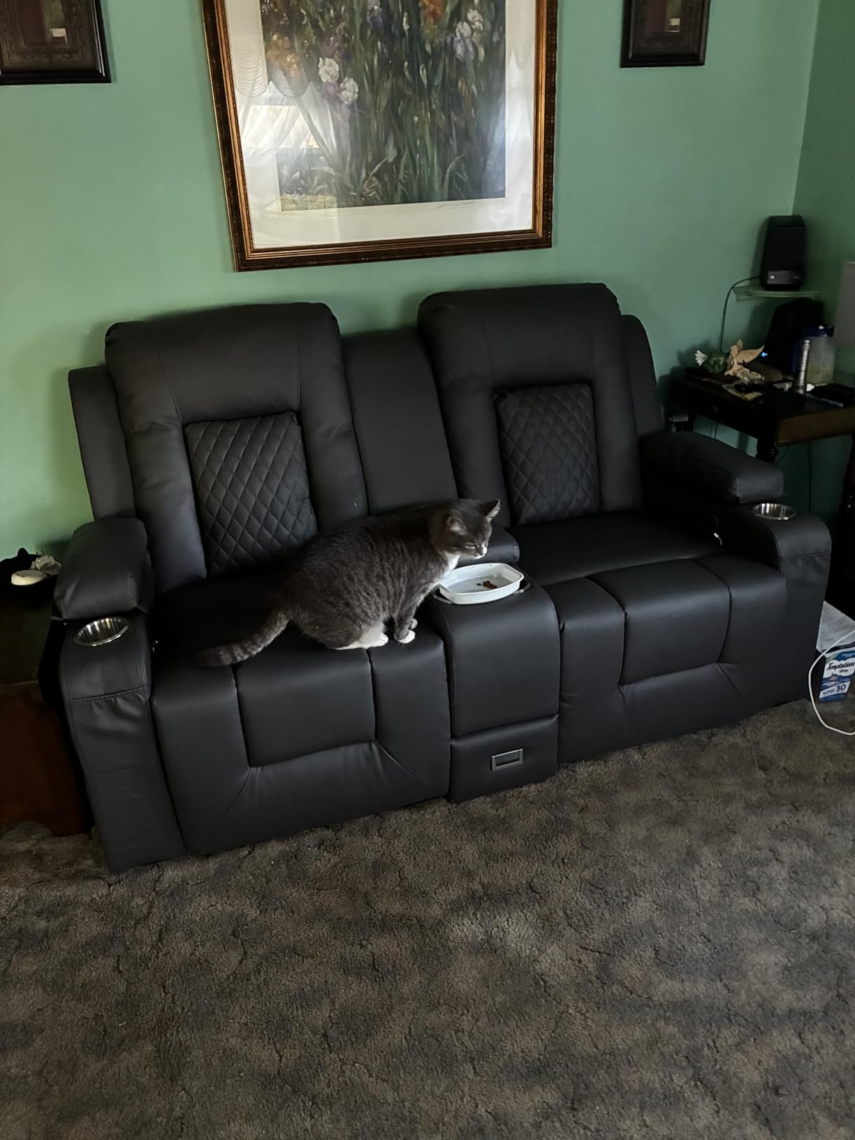 Recliner Sofa, Home Theater Seating with Center Console, 4 Seat Reclining Couch with USB Ports & Phone Holders, Wall Hugger RV Sofa Furniture Loveseat Recliner Couch with Storage & Pocket customer photo 1