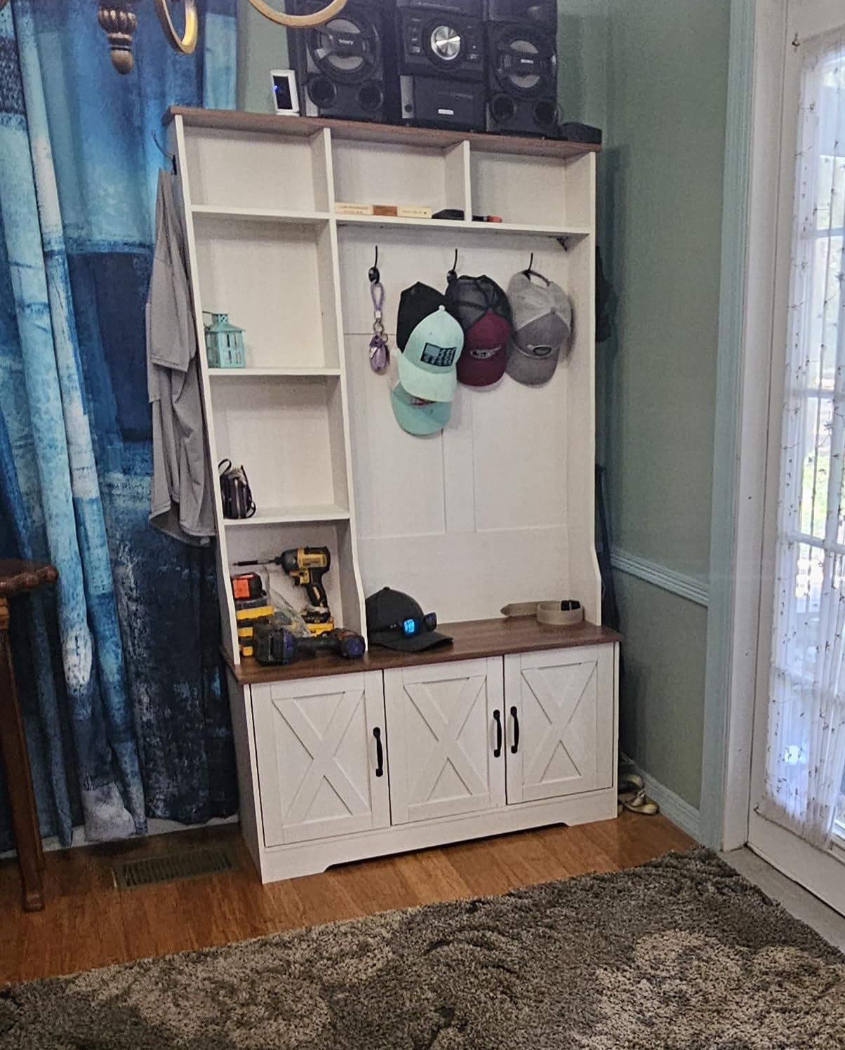 Black Hall Tree with Bench and Shoe Storage, Entryway Bench with Coat Rack | 39.4 inch Farmhouse Hall Tree with Led Lights and 7 Coat Hooks, 6 Storage Cubbies, Adjustable Shelf customer photo 2