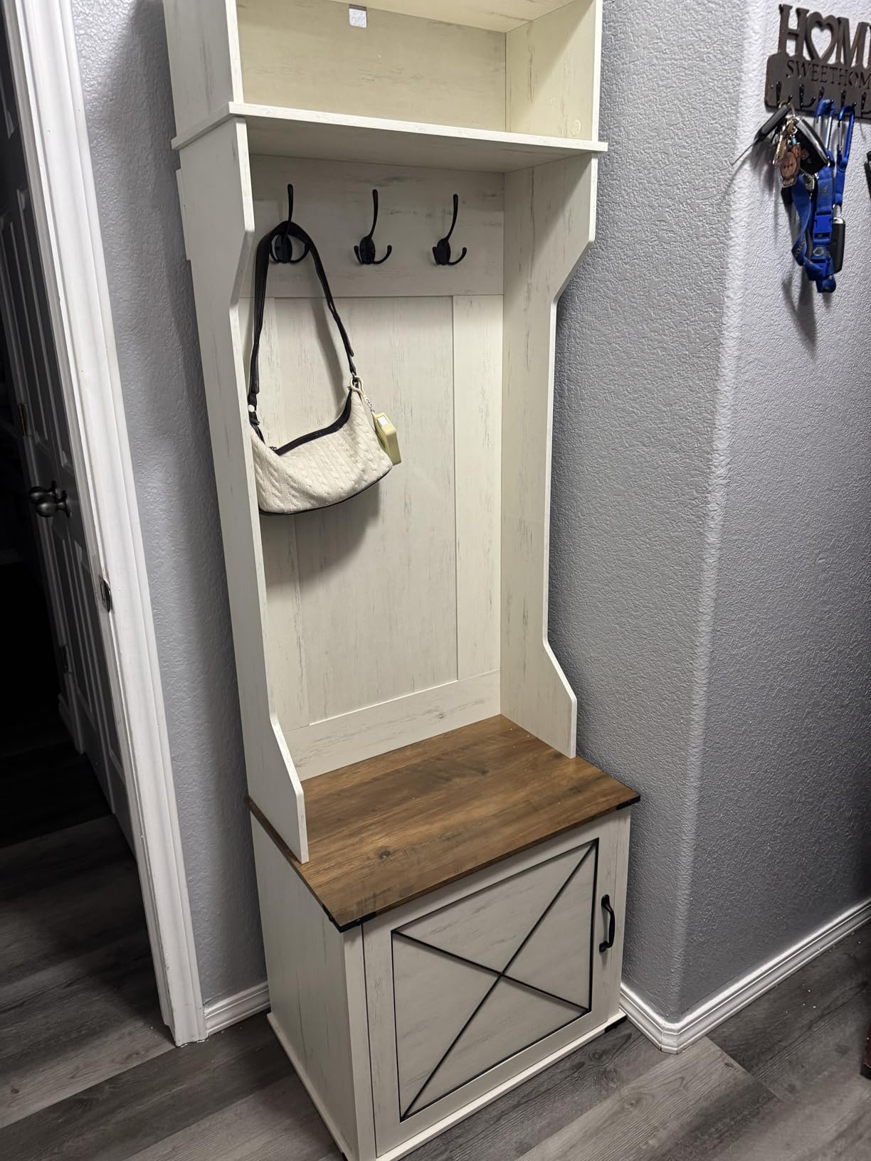 VASAGLE Hall Tree with Bench and Shoe Storage, Coat Rack with Shoe Bench, Entryway Furniture, 3 Tri-Hooks, Door with Handle, Farmhouse Style, Space Saving, Rustic White and Honey Brown UHSR441W01V1 customer photo 1