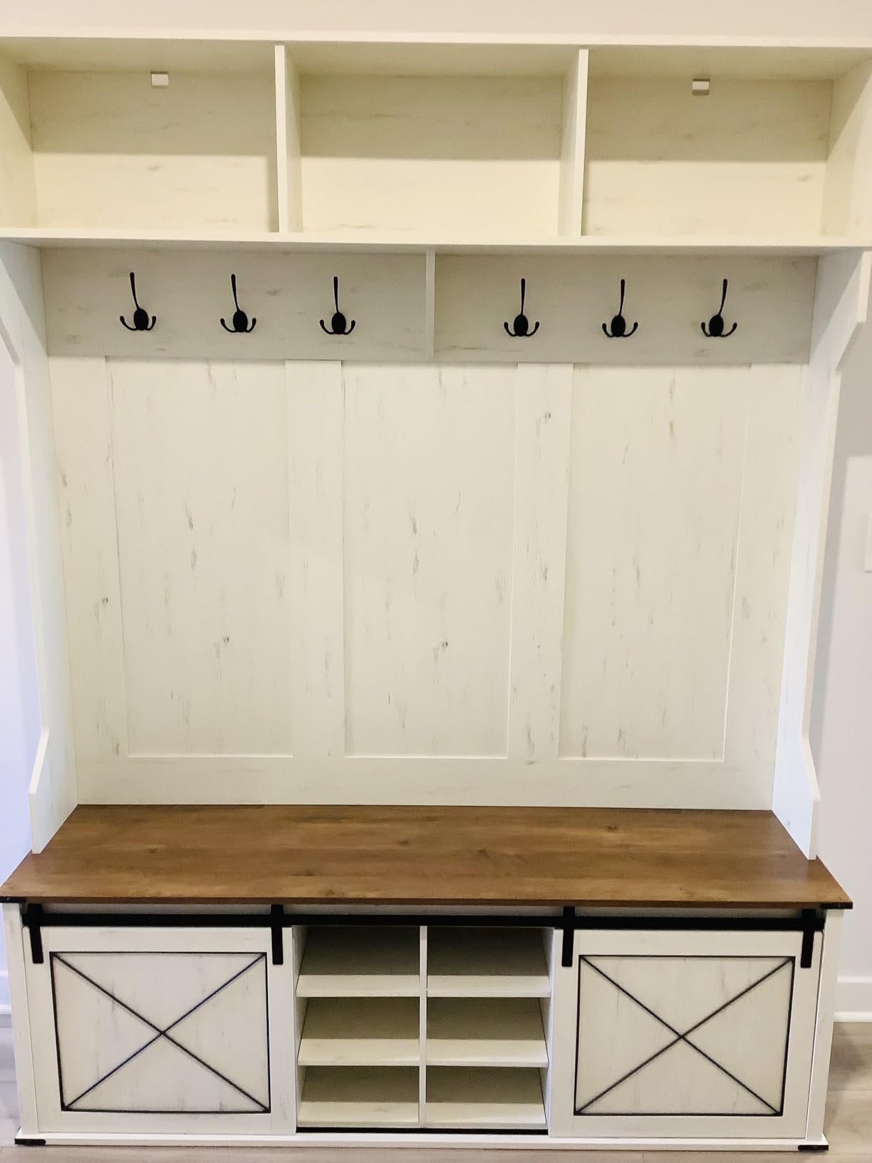 VASAGLE Hall Tree with Bench and Shoe Storage, Coat Rack with Shoe Bench, Entryway Furniture, 3 Tri-Hooks, Door with Handle, Farmhouse Style, Space Saving, Rustic White and Honey Brown UHSR441W01V1 customer photo 2