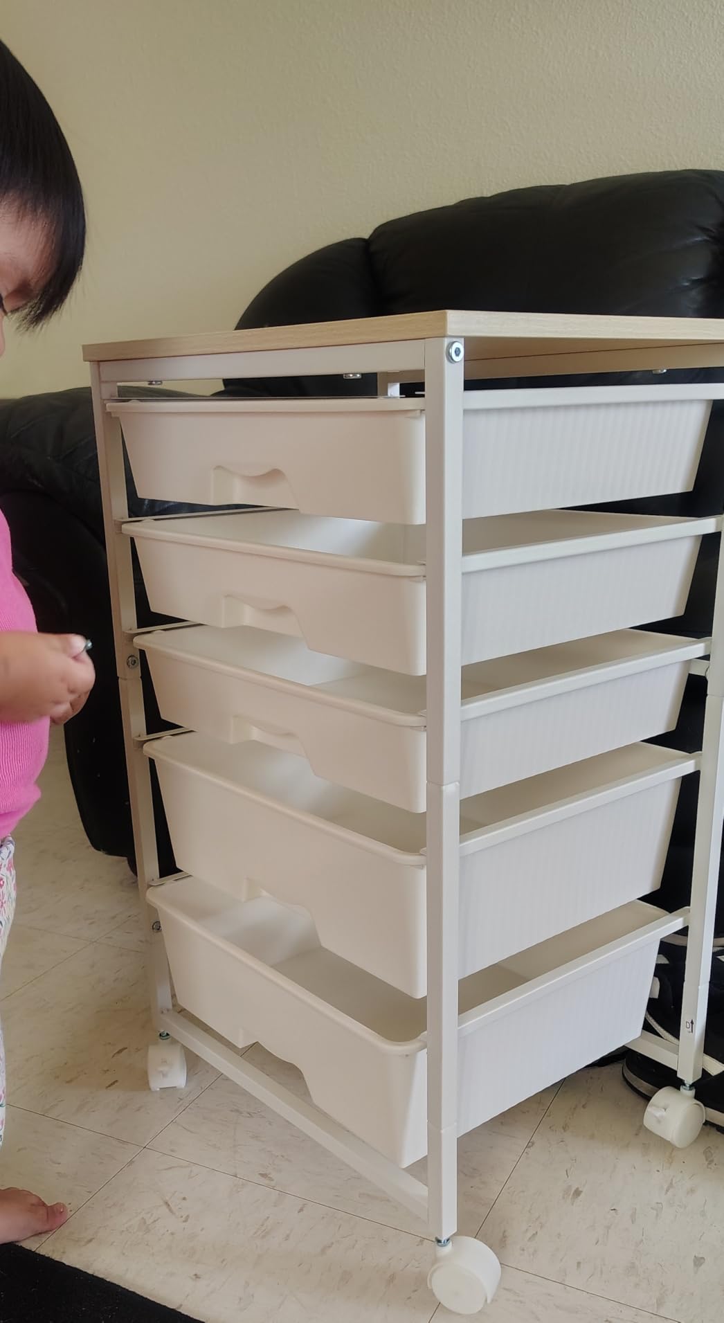 Goovilla Rolling Cart with Drawers, Utility Cart Organizer With 5 Removable Drawers and Wooden Tabletop, Lockable Rolling Storage Organizer for Art, Classroom, Home, Dorm, Office, Craft Storage, White customer photo 2