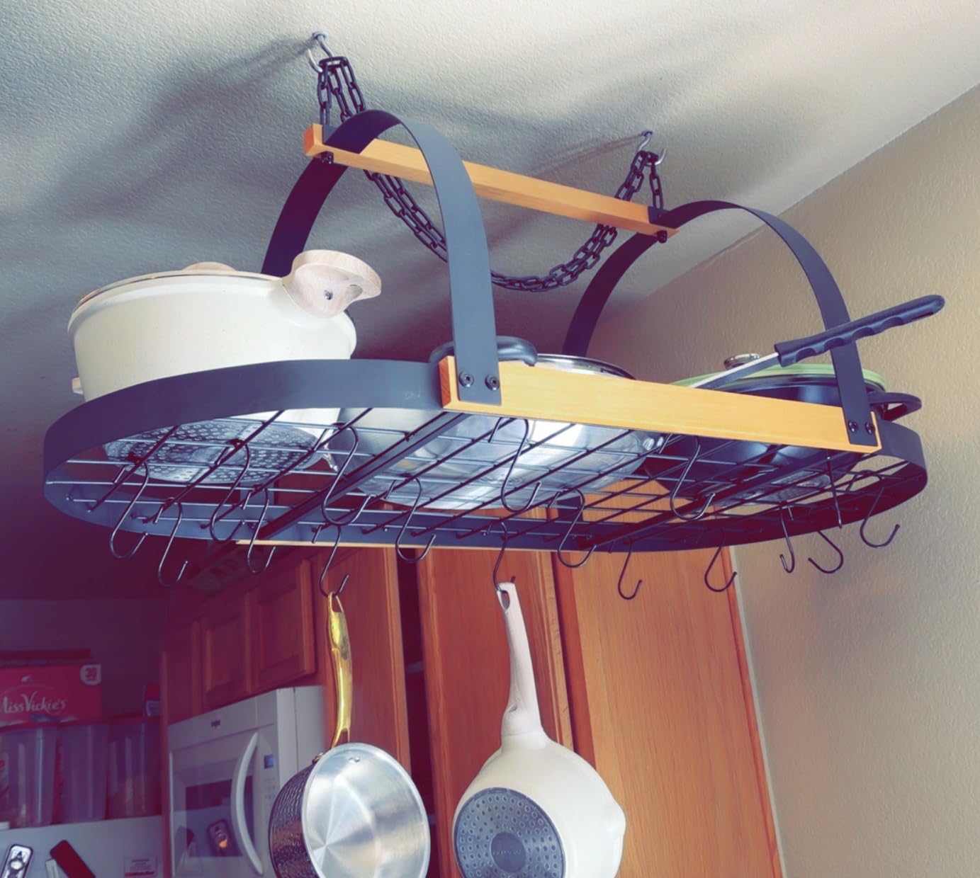 39-Inch Heavy Duty Hanging Pot Rack, Ceiling Mount, 130 lb Capacity | Heavy duty pot rack hanging with 20 hooks and large mesh shelf for organizing cookware in kitchens and kitchen islands customer photo 1