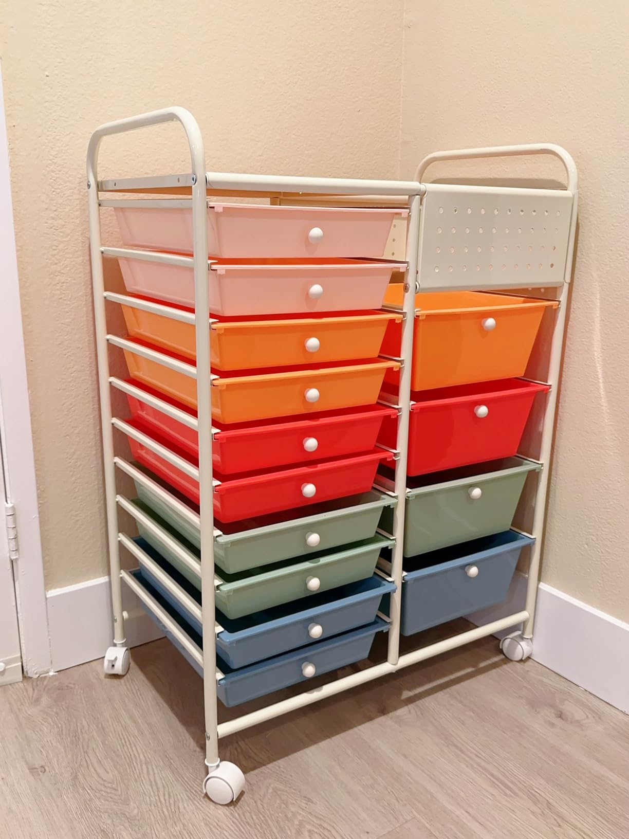 Giantex 15 Drawer Storage Cart, Rolling Craft Cart with Metal Tabletop & Pegboard, Mobile Utility Organizer Trolley with Locking Wheels, Home Office, Classroom, Teacher Supplies, Ivory customer photo 1