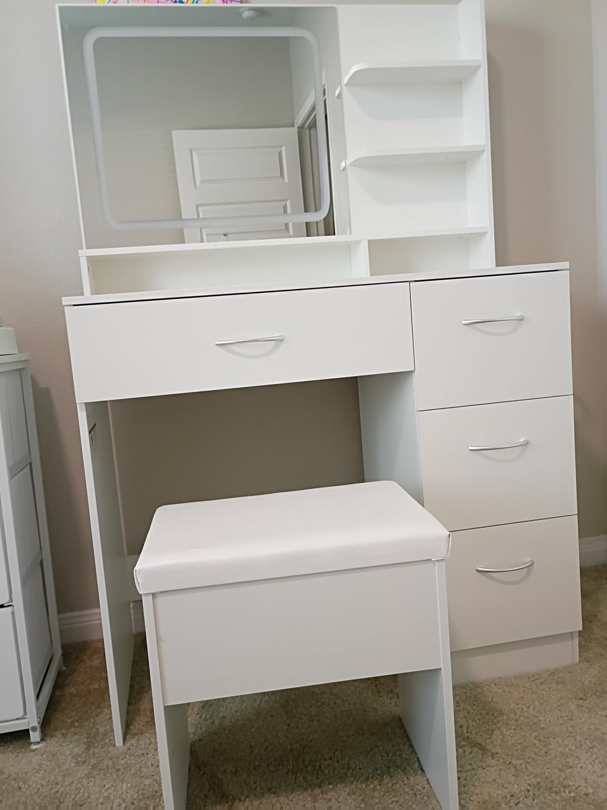 LIVELYGLOW White Makeup Vanity Desk with Charging Station & 4 Drawers, Smart LED Mirror, Cushioned-Stool, Hairdryer Rack customer photo 1