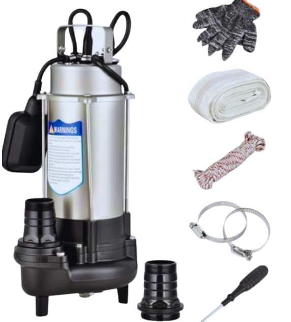 1HP Submersible Sewage Grinder Pump, Stainless Steel Housing, 2