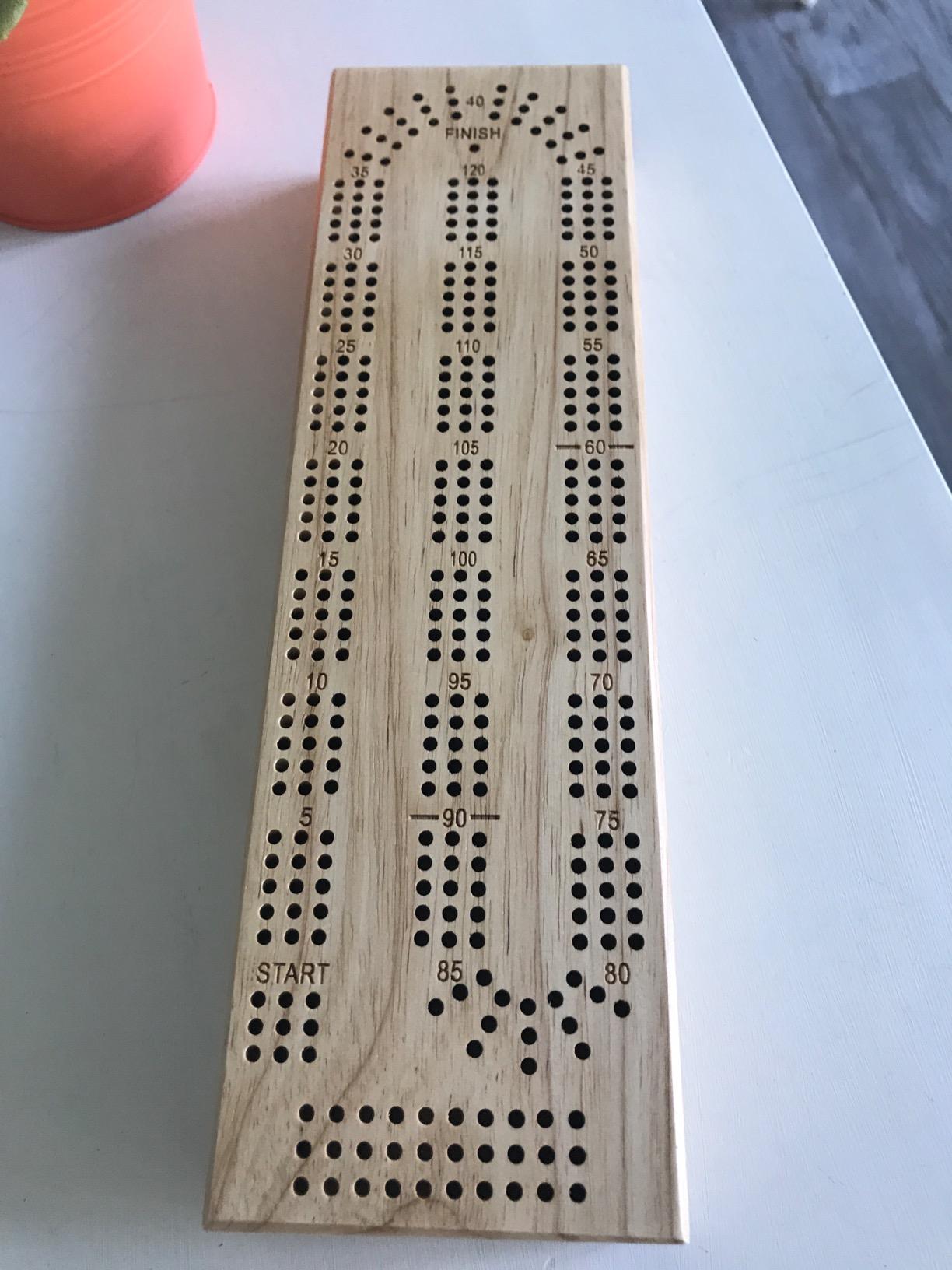 WE Games Wooden Cribbage Board Game Set, Continuous 3 Track for 2-3 Players, Travel Cribbage Board with Card Storage, Includes 9 Metal Pegs & Deck of Cards, Card Games, Classic Board Games for Adults customer photo 1
