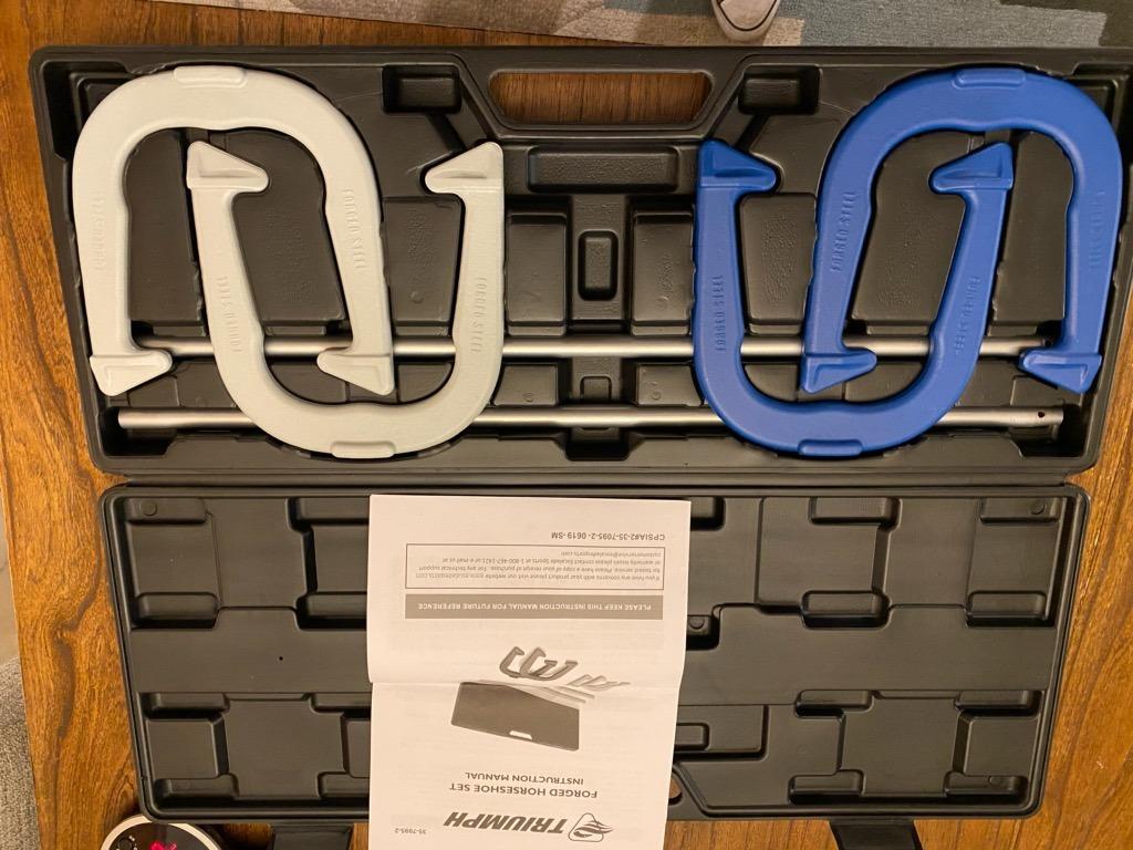 Triumph Forged and Steel Horseshoe Set Complete with 4 Horseshoes, 2 Stakes - Patriotic or Blue and Grey Colors - Perfect Addition for Parties and Outdoor Gatherings customer photo 1