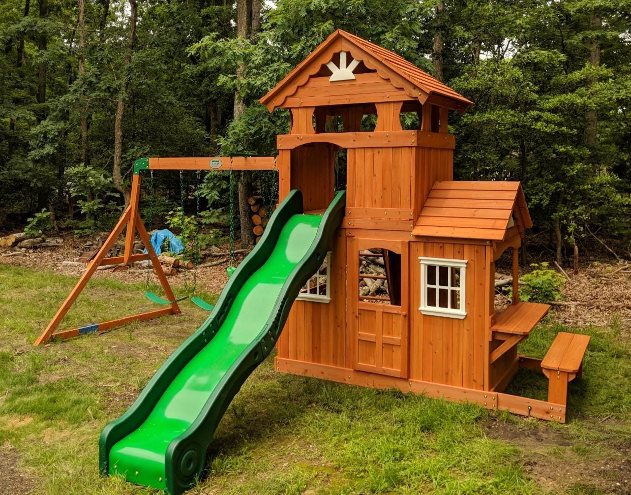 Backyard Discovery Shenandoah Cedar Wood Swing Set with Wave Slide, Raised Clubhouse, Playhouse, Play Kitchen, Belt Swings, Trapeze, Rock Wall, Ladder, Picnic Table, Full Door, Outdoor Playset customer photo 1