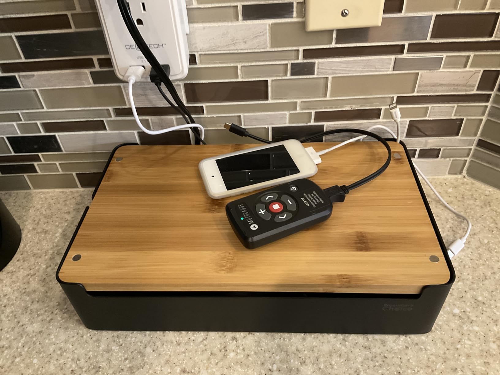 Prosumer's Choice Wooden Charging Station Organizer - 5-Port Base for Phones, Tablets and Laptops - Multi-Device Docking Station with Removable Divider Slots - Cord Box with Cable Management - Bamboo customer photo 1
