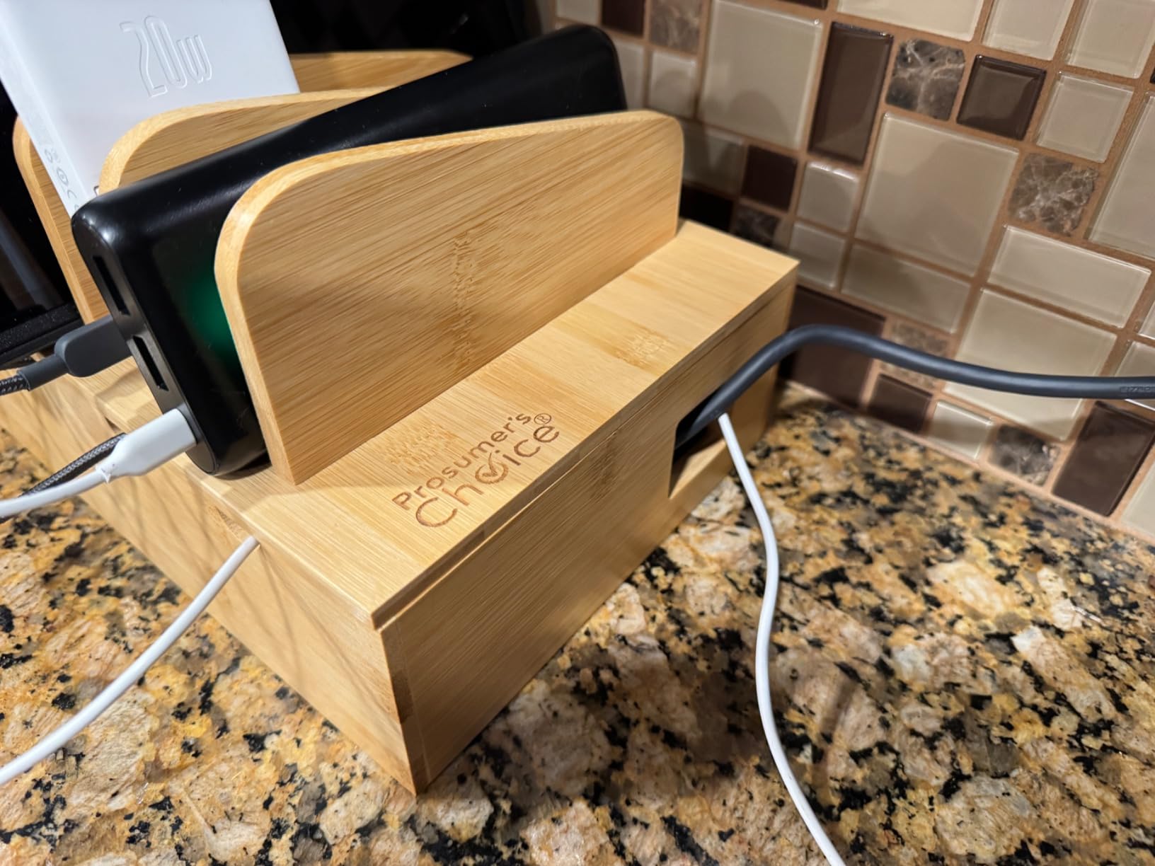 Prosumer's Choice Wooden Charging Station Organizer - 5-Port Base for Phones, Tablets and Laptops - Multi-Device Docking Station with Removable Divider Slots - Cord Box with Cable Management - Bamboo customer photo 2