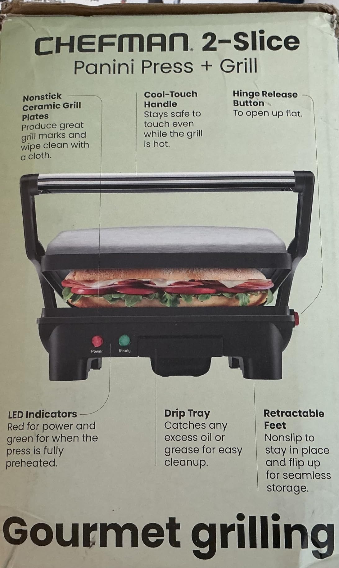 Chefman Electric Panini Press Grill, Compact 2-Slice Sandwich Maker, Non-Stick Coated Plates, Opens 180 Degrees, Dishwasher Safe, Removable Drip Tray, Stainless Steel/Black customer photo 2