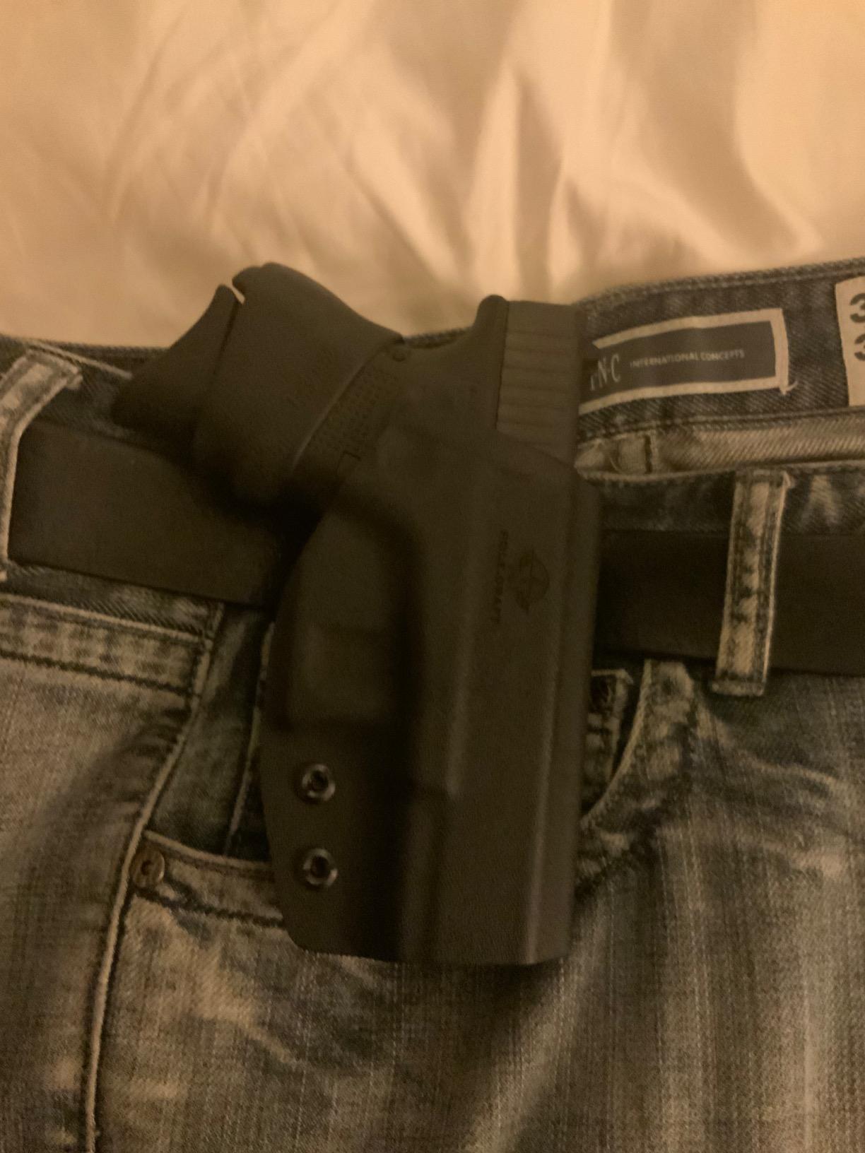 OWB Kydex Holster Fit: Glock 17 19 19x 44 45 26 (Gen 1-5) / Glock 22 23 25 27 31 32 33 30s (Gen 3-4) - Outside Waistband Carry 1.5-2 Inch Belt Clip - Adj. Width Height Retention Cant, Entrance Widened customer photo 2