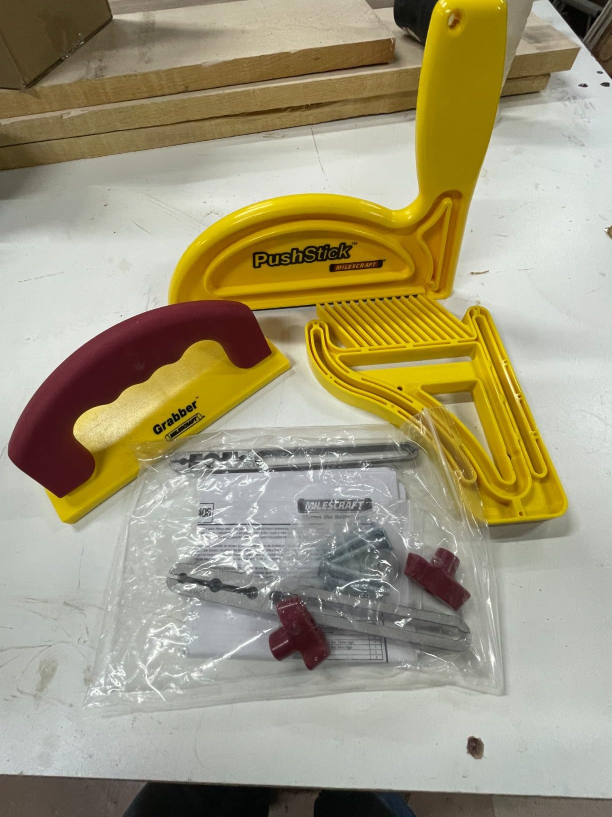 Milescraft 7334 Safety Bundle - Includes Feather Board, Push Stick, and FREE Grabber push block. Ideal for use on router tables, table saw, jointers, and even band saws , Yellow customer photo 2