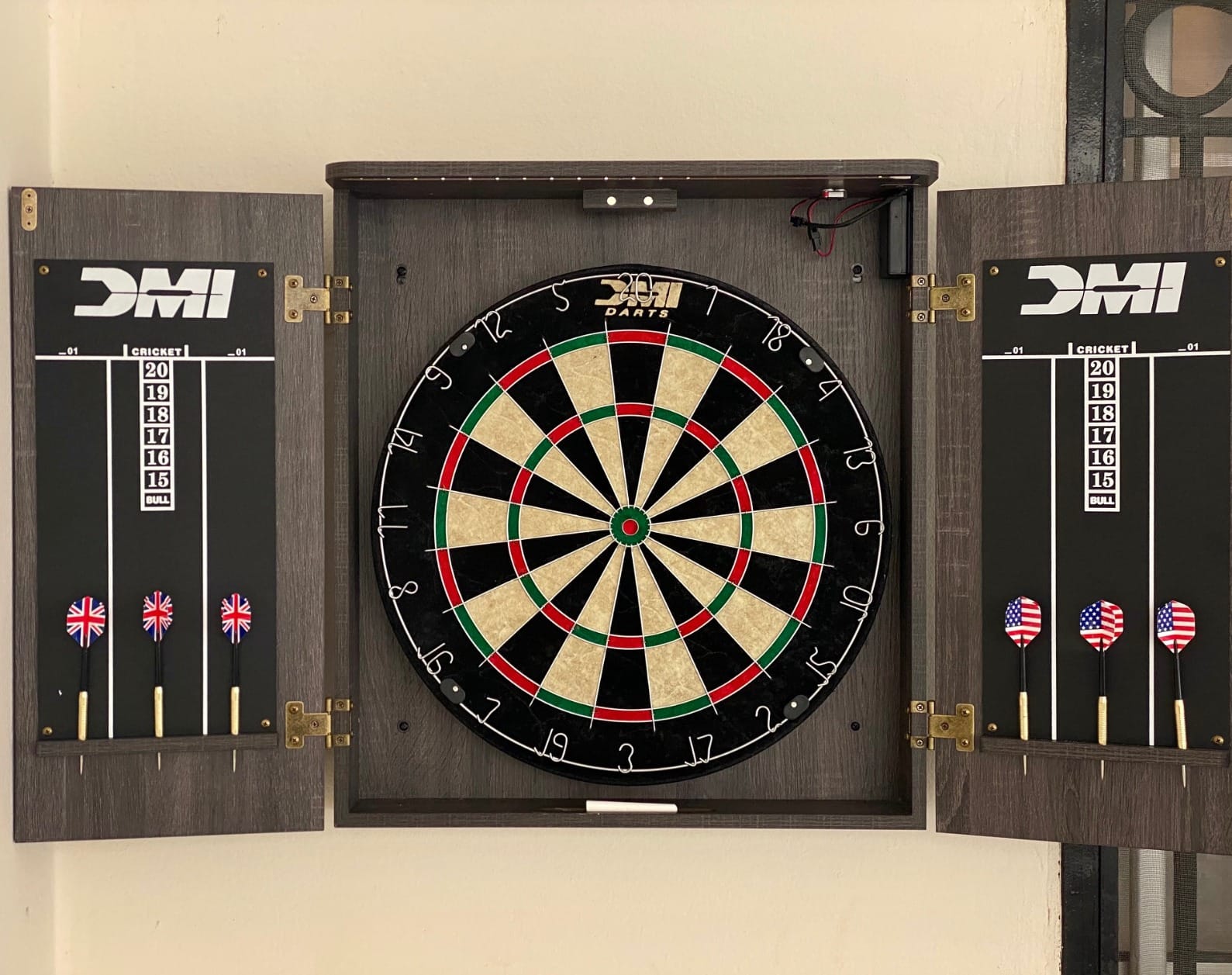 DMI Sports Paris Bristle Dartboard Cabinet Sets - Includes LED Lighting or Electronic Scoring Option, Rustic Grey (D4400W) customer photo 1