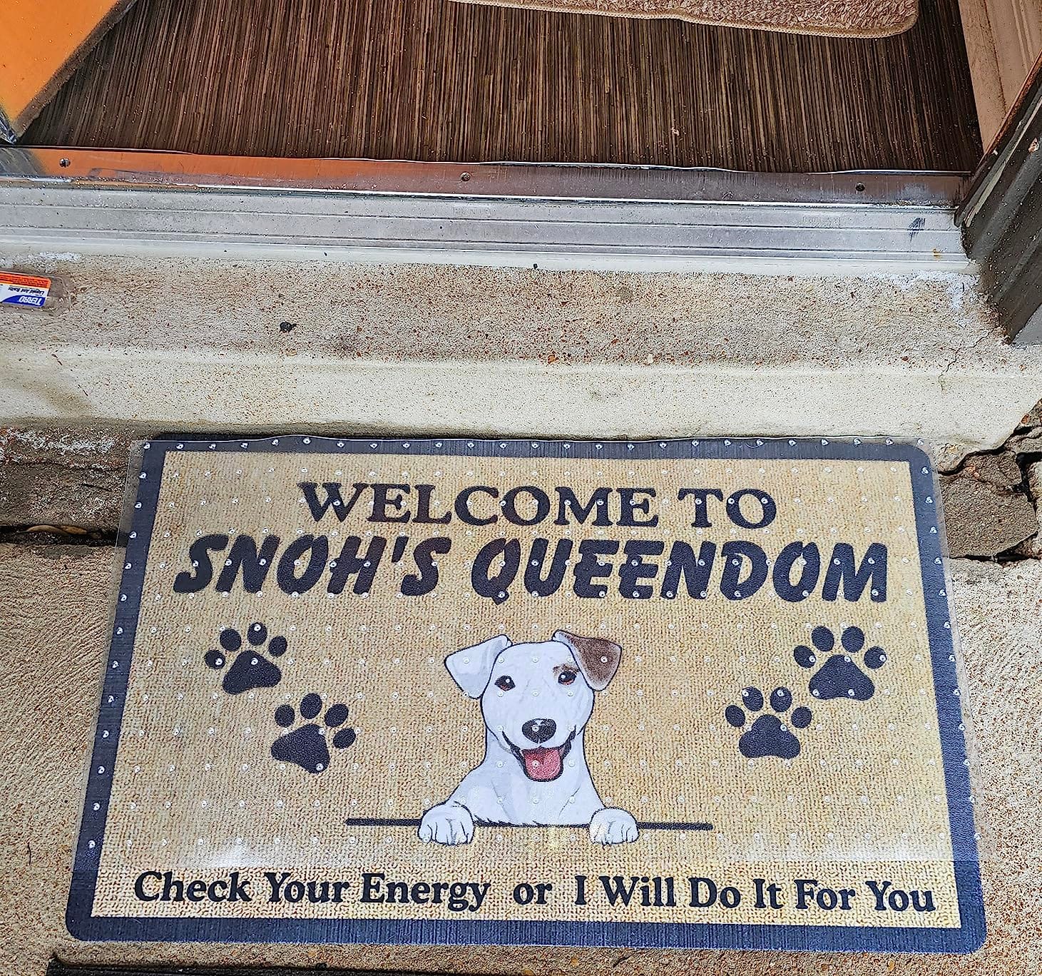 Personalized Dog Doormat - Custom Funny Pet Welcome Mat, Unique Breeds Names, Dogs Owner Lives Here Too, Non-Slip Rubber Grip Rug, Indoor Outdoor, USA Made Gift, Fun Decoration for Dog/Cat Owners customer photo 2