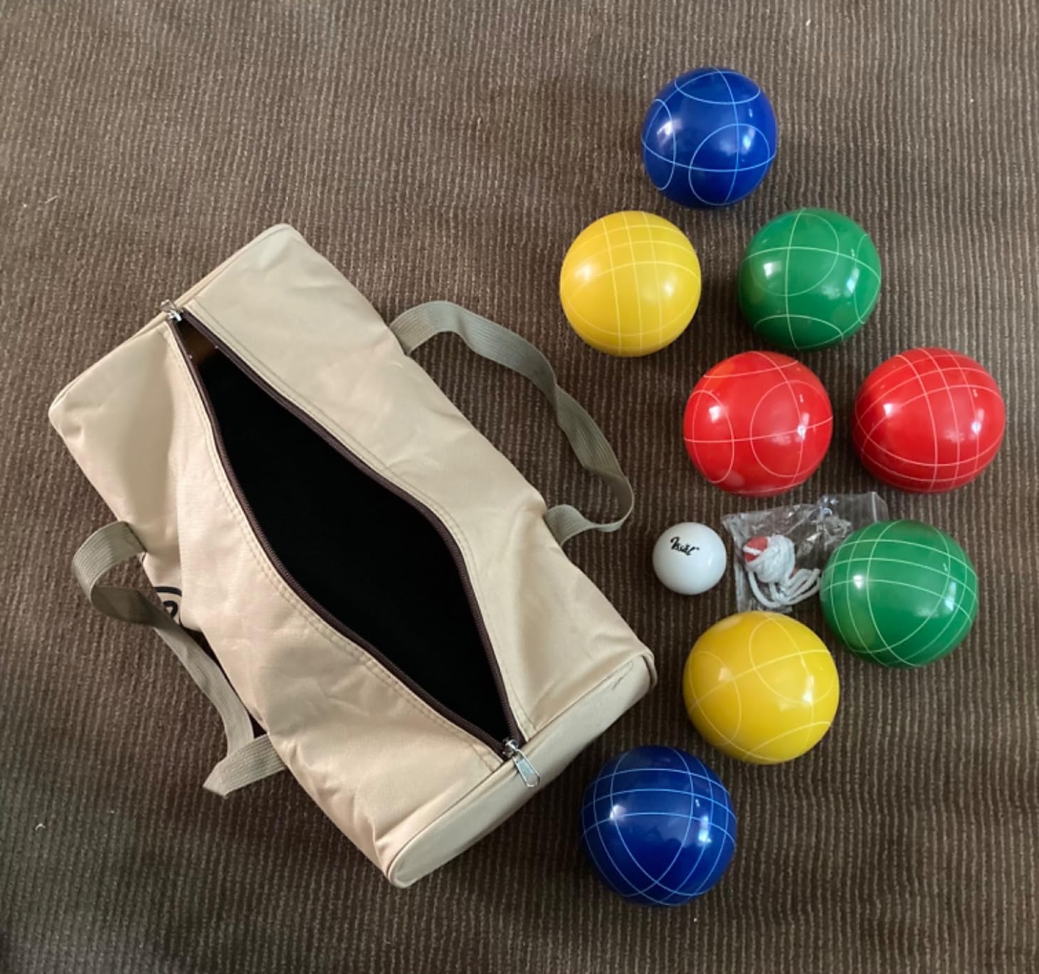 100mm Bocce Ball Set Regulation Size and Weight with 8 Resin Bochie Balls, Pallino, Carrying Bag, Measuring Rope, Gift for Family Backyard Lawn Yard Beach Bocci Games (Multi Colors, 2-8 Players) customer photo 2