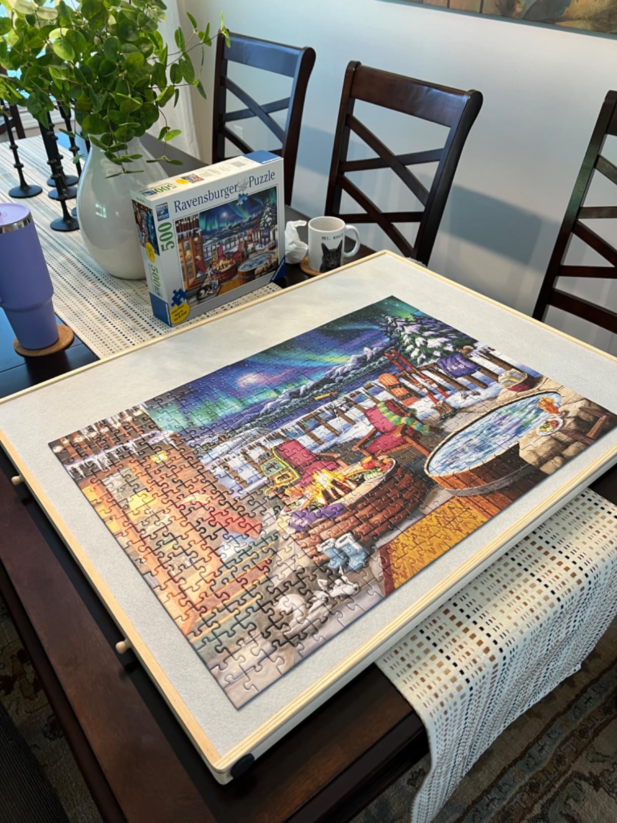 Ravensburger - Northern Lights - 500 Piece Large Format Jigsaw Puzzle - Stunning, Bold, Vivid Image of The Phenomenon - Warm Fireside Cabin - Premium Quality - Puzzles for Adults customer photo 1