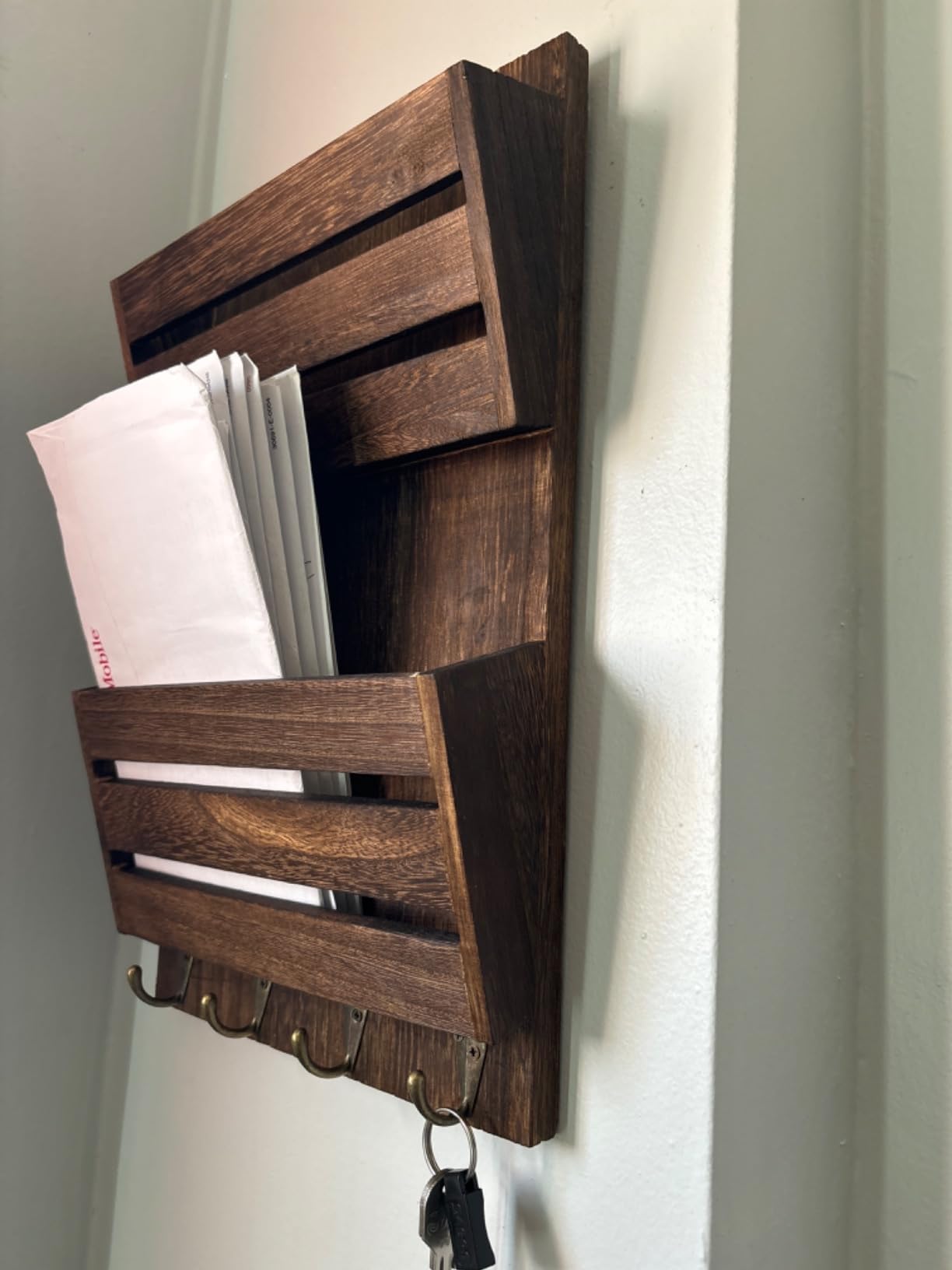 MOOACE Mail Organizer Wall Mount, Wood Mail and Key Holder with Hooks customer photo 1