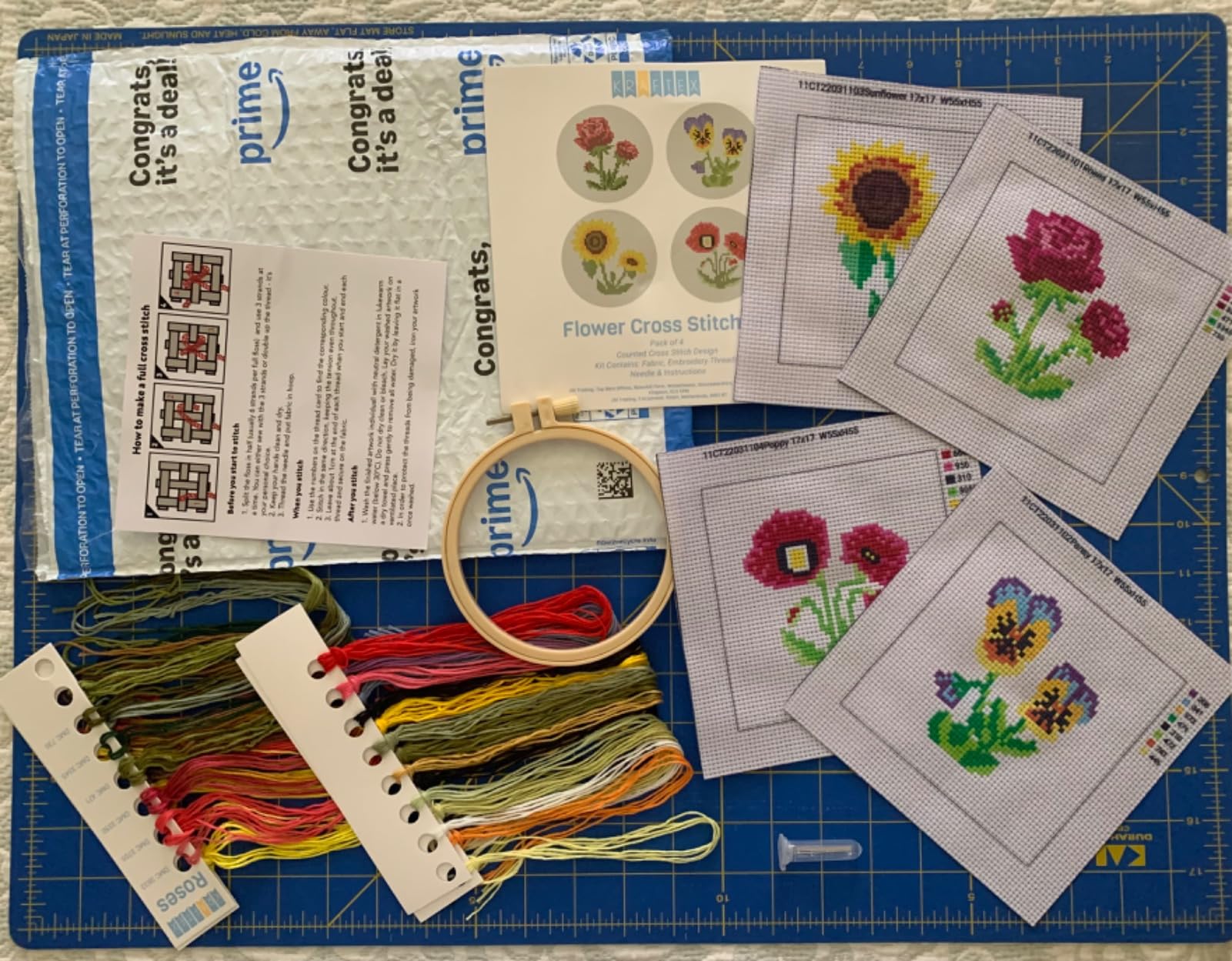 Kraftex Stamped Cross Stitch Kits for Beginners (Flower Theme - 6.75 Inch - 4 Pack 1 x Embroidery Hoop) Embroidery Needlepoint Patterns for Adults, Includes Poppy, Rose, Sunflower and Pansy customer photo 1