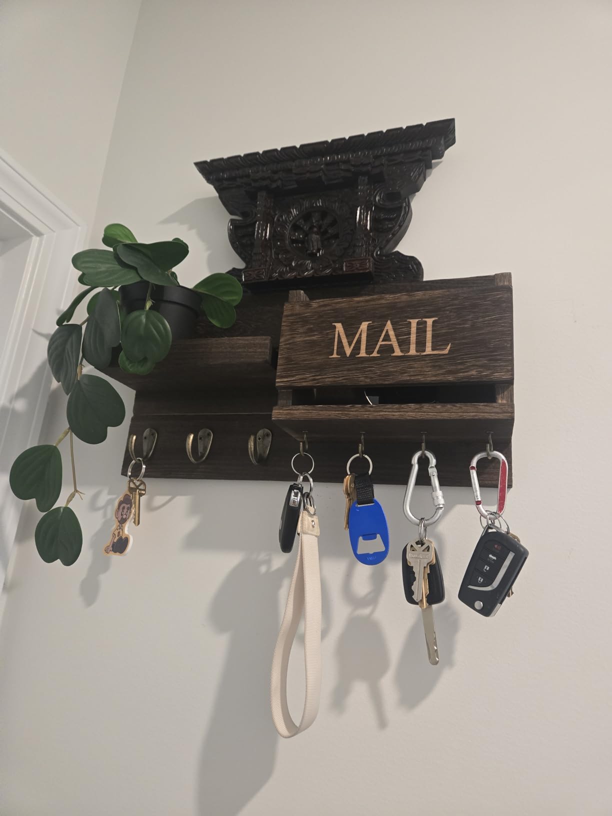 Lwenki Mail Organizer for Wall Mount – Key Holder with Shelf Includes Letter Holder and Hooks for Hallway Farmhouse Decor – Rustic Wood with Flush Mounting Hardware (16.5” x 9.1” x 3.4”) (Brown) customer photo 1
