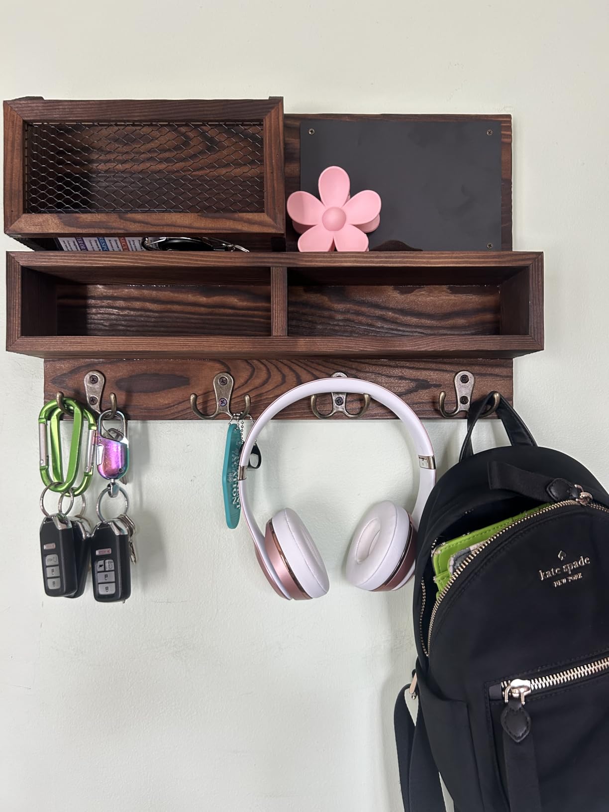 Key Holder for Wall, Mail Organizer Wall Mount with Key Hooks and Wallet Holder, Sunglasses Storage and Dog Leash Hanger, Decorative with 4 Double Hooks and Chalkboard customer photo 2