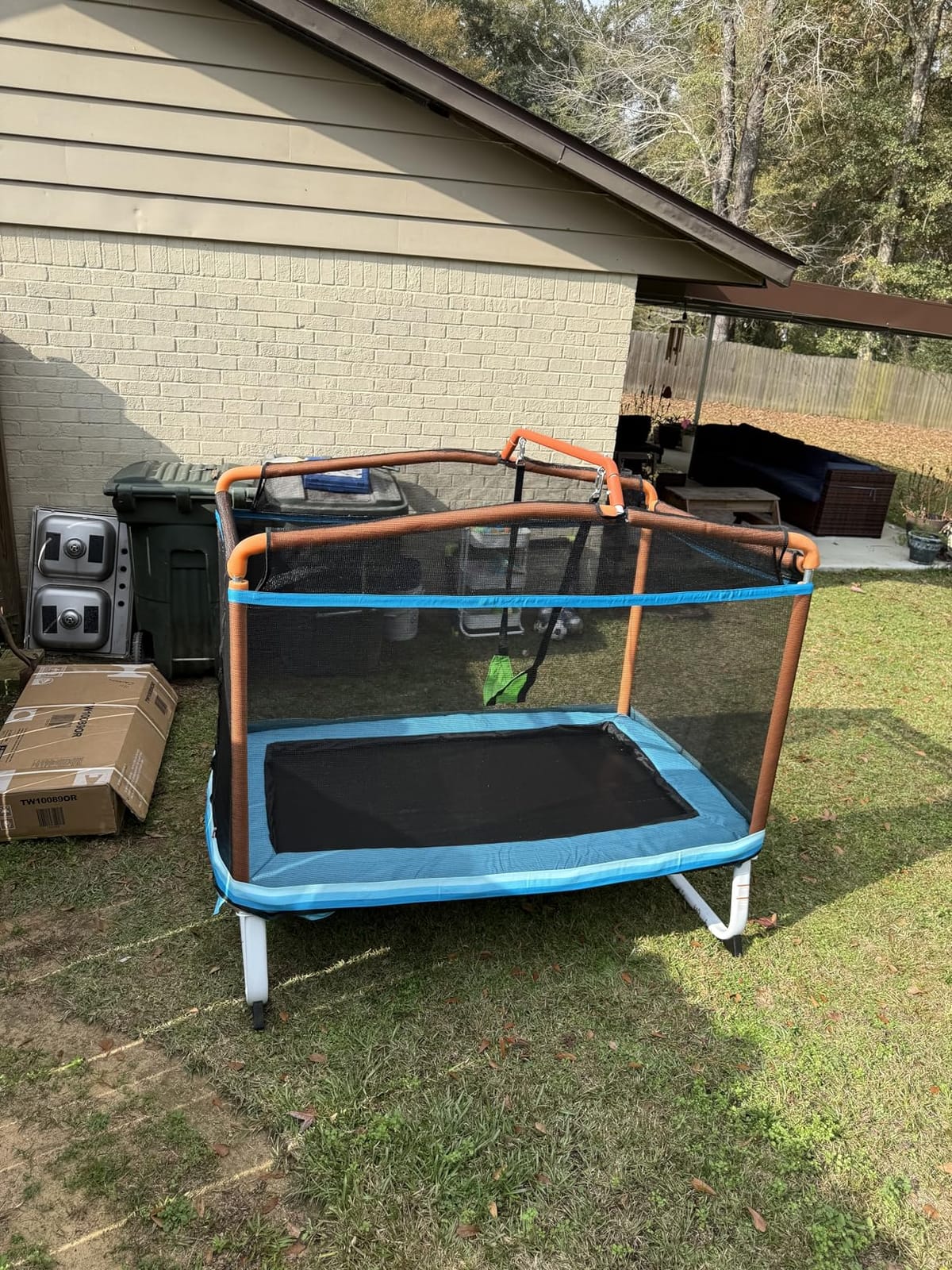 GYMAX Trampoline for Kids, 75” ASTM Approved Recreational Trampolines with Swing, Horizontal Bar & Enclosure Net, Mini Rectangle Trampoline for Baby Toddlers Indoor/Outdoor customer photo 1