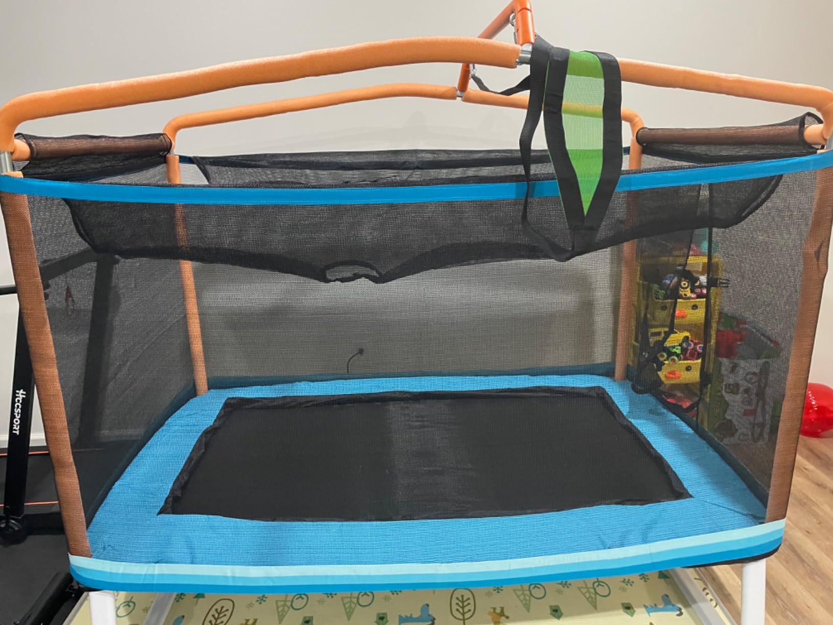 GYMAX Trampoline for Kids, 75” ASTM Approved Recreational Trampolines with Swing, Horizontal Bar & Enclosure Net, Mini Rectangle Trampoline for Baby Toddlers Indoor/Outdoor customer photo 2