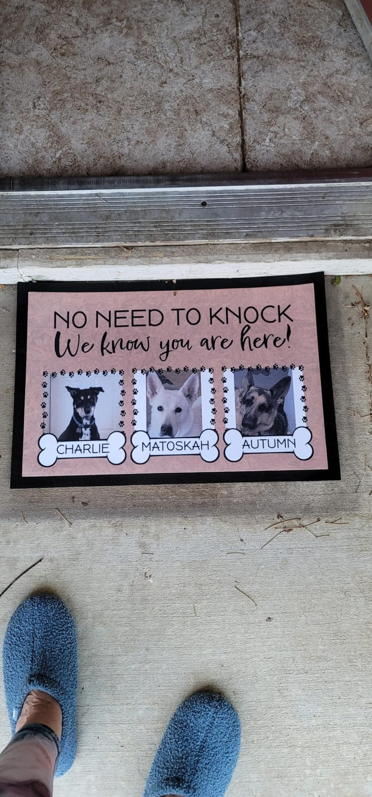 Personalized Dog Door Mat, No Need To Knock Dog Doormat, Custom Door Mats | Add 3 Dog Photos & Names, Anti-Slip Rubberized Back, Cute Welcome Mat, Outdoor/Indoor Door Mat | 20