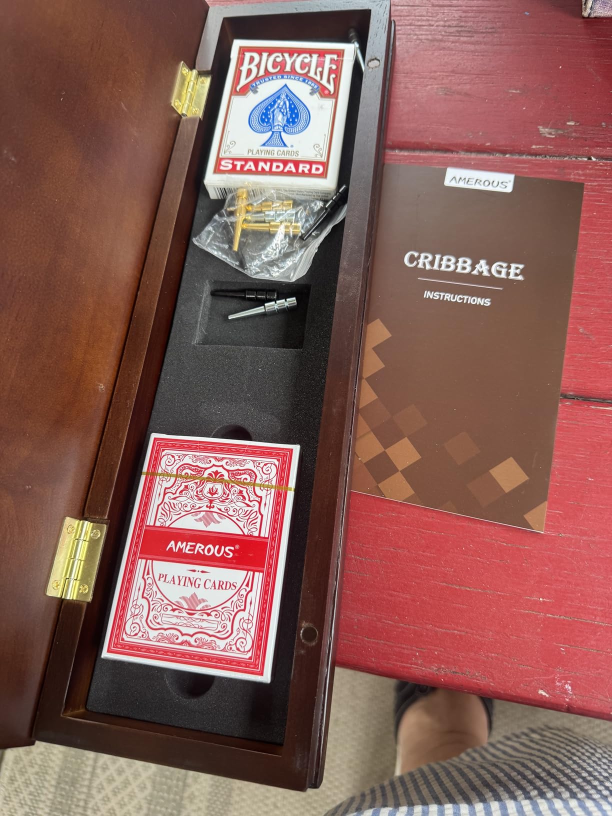 AMEROUS Wooden Cribbage Board Game Set with Magnetic Lock - Metal Pegs - 2 Playing Cards - Continuous 3 Track Board - Larger Storage Area, Travel Portable Cribbage Game Sets for Family customer photo 1