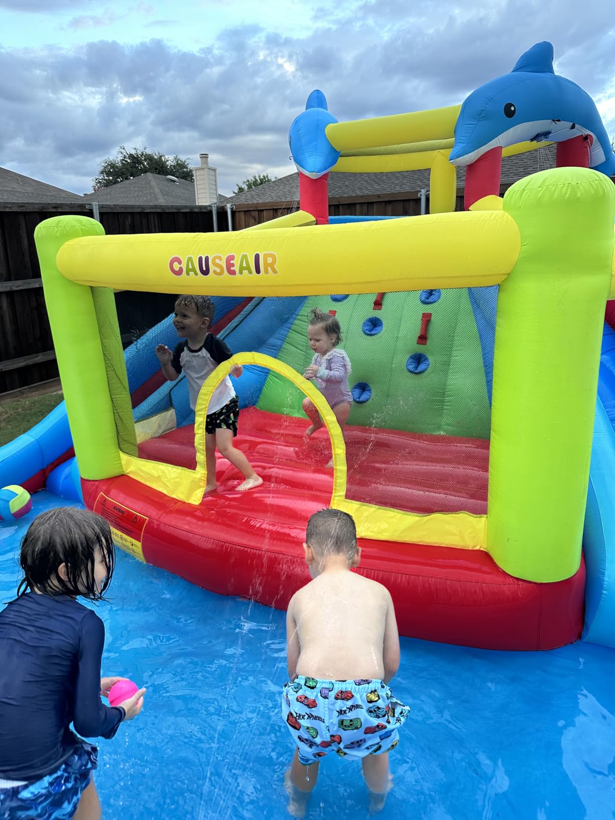 Causeair Inflatable Water Slide with Bounce House,Dolphin Styling,Splashing Pool,Double Water Cannon,Climbing Wall,Heavy Duty Air Blower,Inflatable Water Park Slide for Kids Backyard Summer customer photo 1