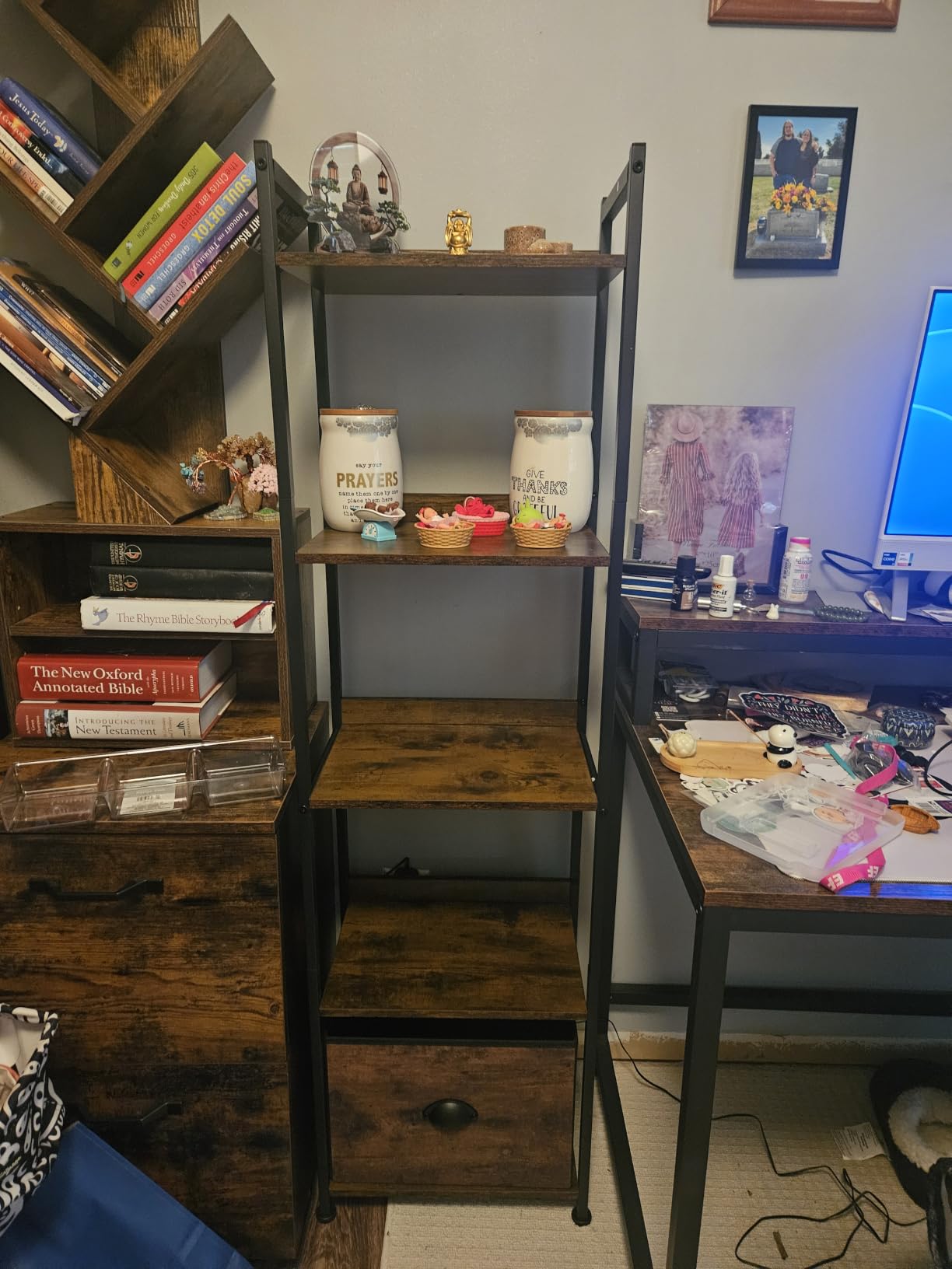 Furologee 5 Tier Bookshelf with Drawer, Tall Narrow Bookcase, Rustic Brown customer photo 2