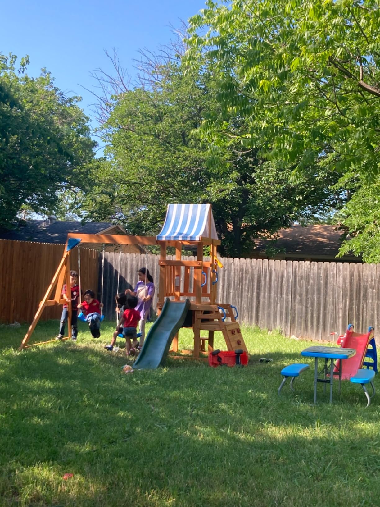 ROBOTIME Wooden Swing Set for Backyard, All-in-One Kids Playset, Ages 3-10 customer photo 1
