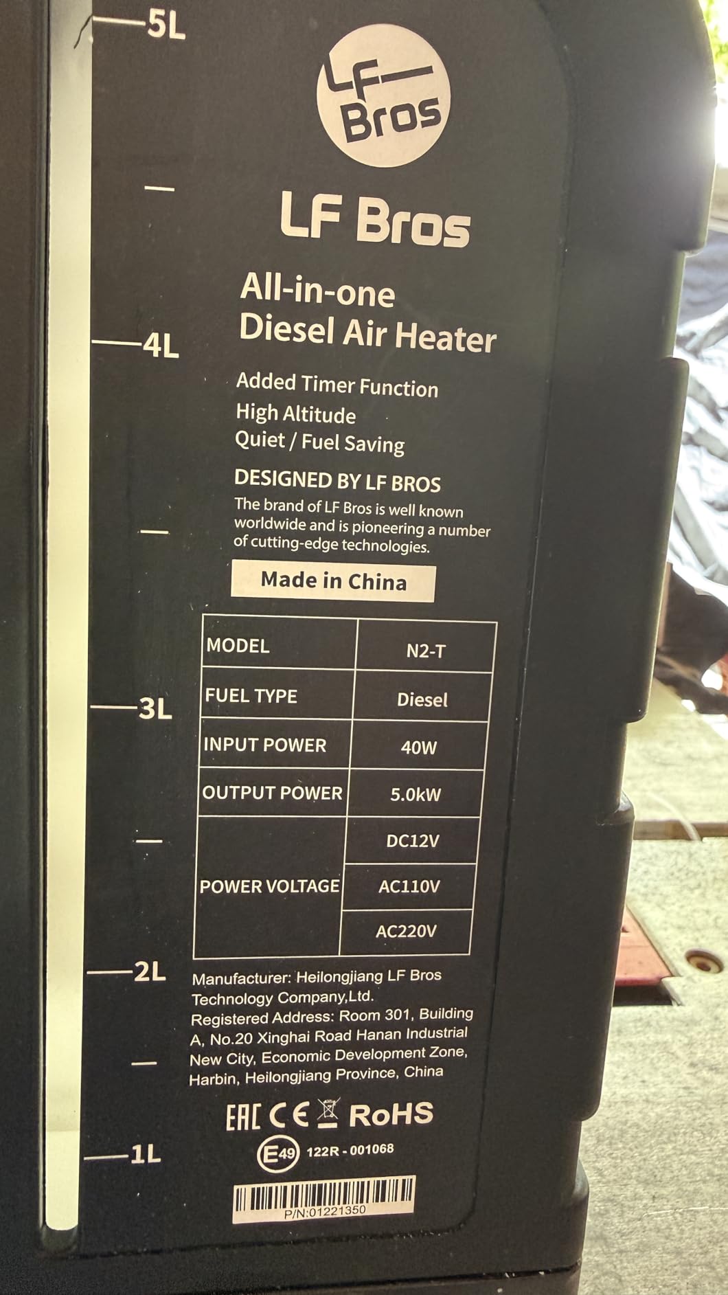 LF Bros 110V/12V 5KW All-in-1 Diesel Heater, 5L Air Diesel Parking Space Heater with Plateau Mode, Come with Remote, T4 LCD Controller and Timer, Suitable for Home Shop Garage Camper customer photo 1