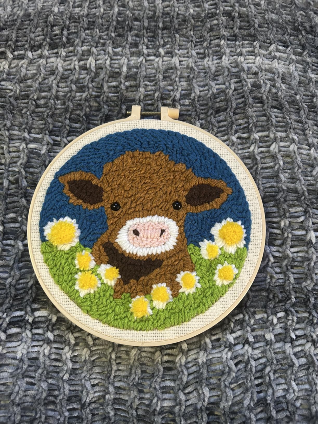 DIY Punch Needle Kits Highland Cow with Daisy Flower with Hoop 20x20cm-1 customer photo 2