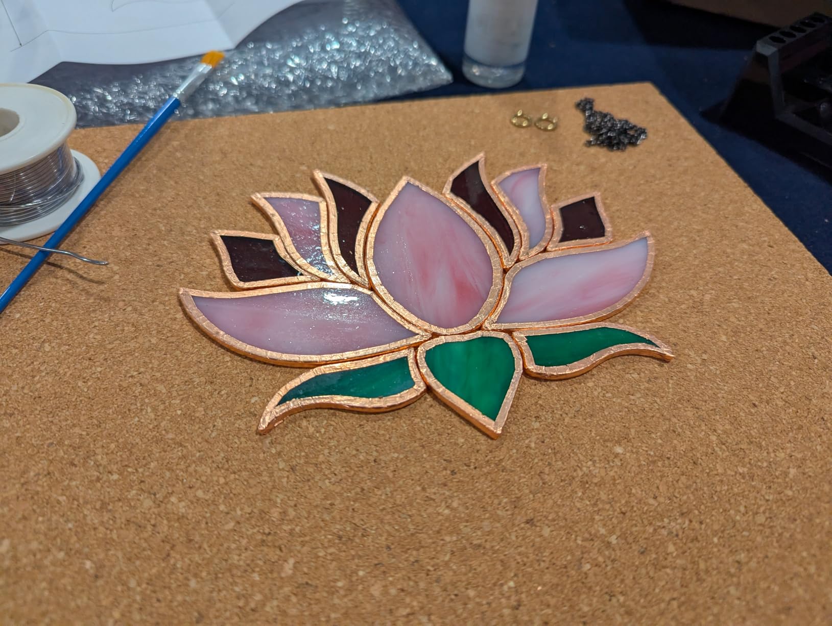 LemonRoad 1 Set Purple Lotus Flower Pre Cut Stained Glass for DIY Stained Glass Craft Kit with Solder Wire, Brush, Copper Foil Tape for Adult Make Your Own Handcrafts Home Decor customer photo 1