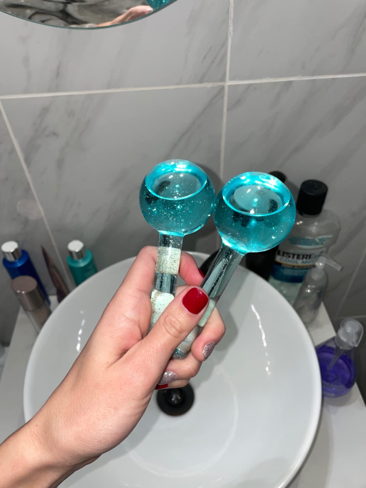 MonétBeauty Tighten Skin, Depuff & Sinus Relief? Try Ice Globes for Face, Freezer Safe Facial Globes for Daily Beauty Routines, Face Roller to Enhance Circulation and Complexion - Blue customer photo 2