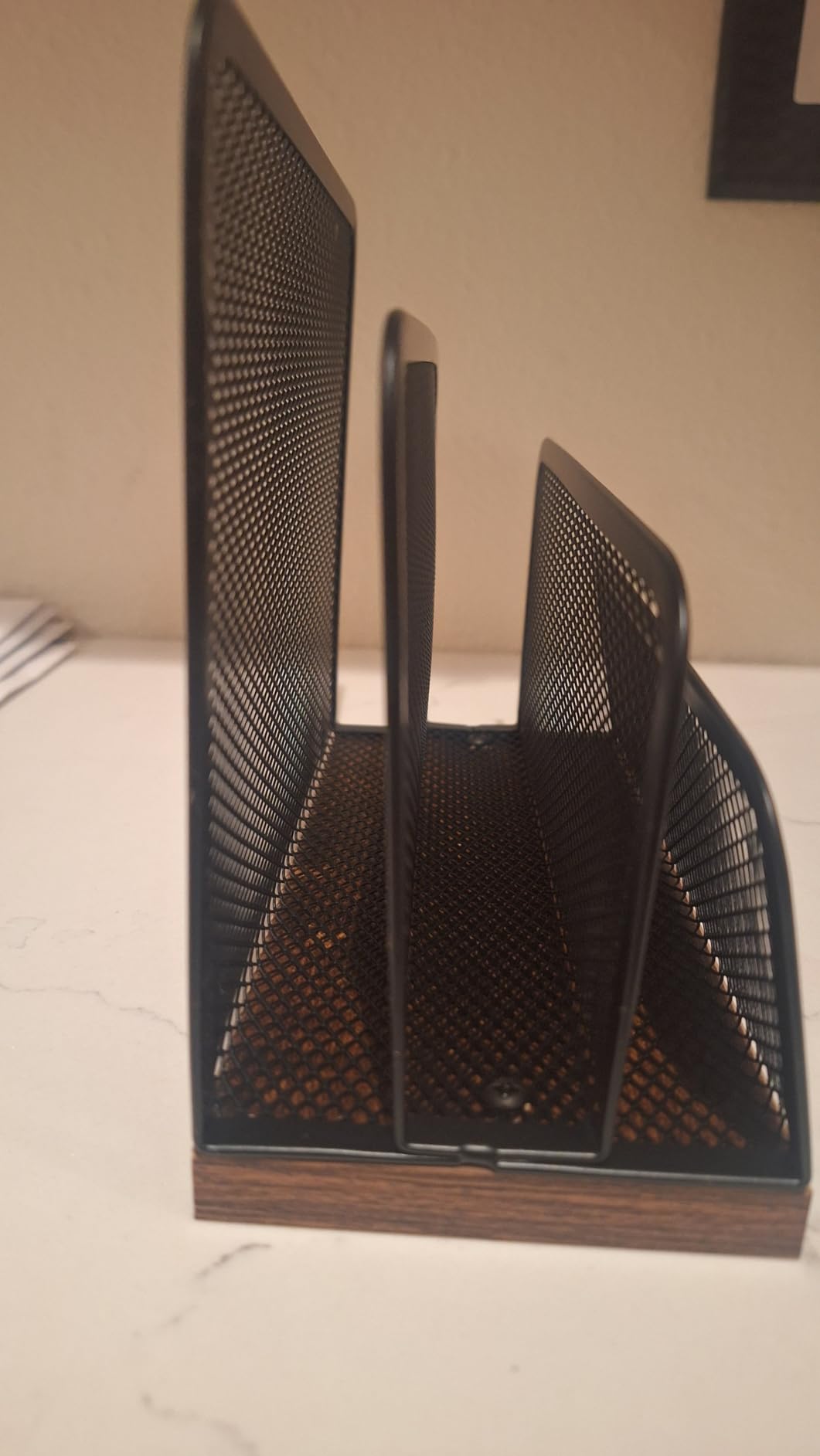 Wooden Desk Mail Organizer, Desktop File Organizer Metal Mesh with 3 Vertical Upright Compartments, Mail Sorter Letter Organizer Rack for Letters, Postcards, Brochures, Mail Holder (2 Pack Black) customer photo 2