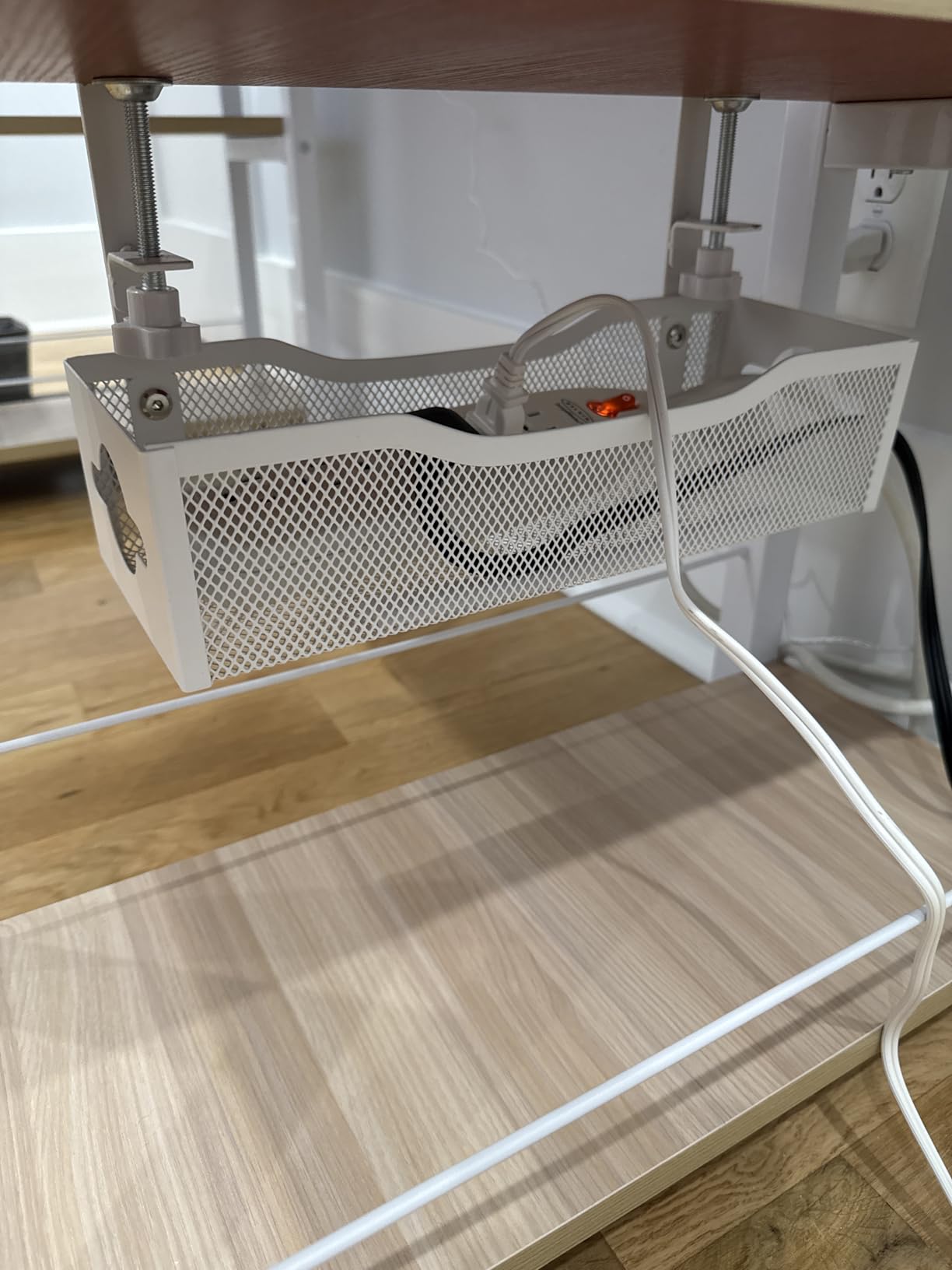 Under Desk Cable Management Tray No Drill, Metal Mesh Cable Management Under Desk with Clamp Mount, 2 Hole Cable Tray with Wire Management and Cord Organizer for Home Office Standing Desk customer photo 2