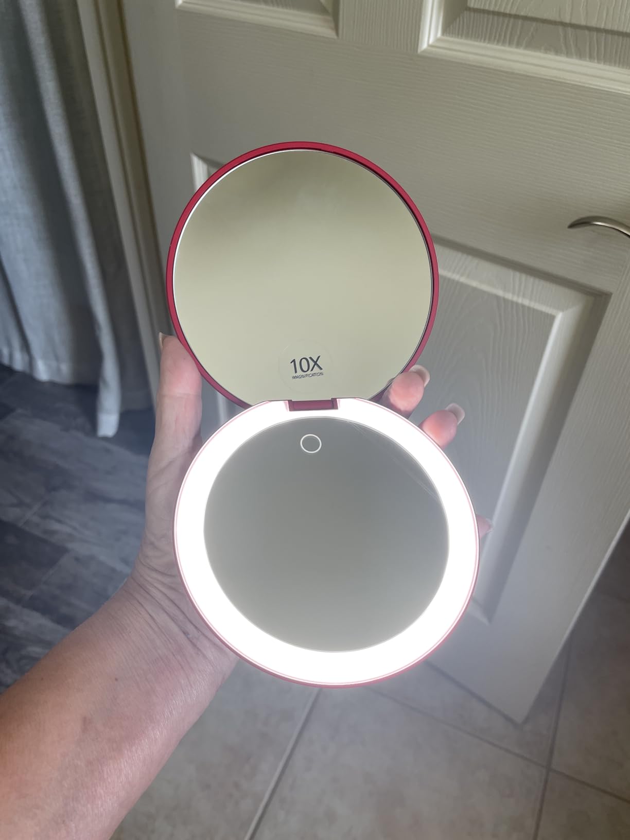 Fancii Taylor LED Lighted Travel Makeup Mirror, Rechargeable, 10x /1x Magnifying, Tru-Glow Lighting System, XL Large 5” Wide | Compact Mirror for Purses (Marble Rose) customer photo 1