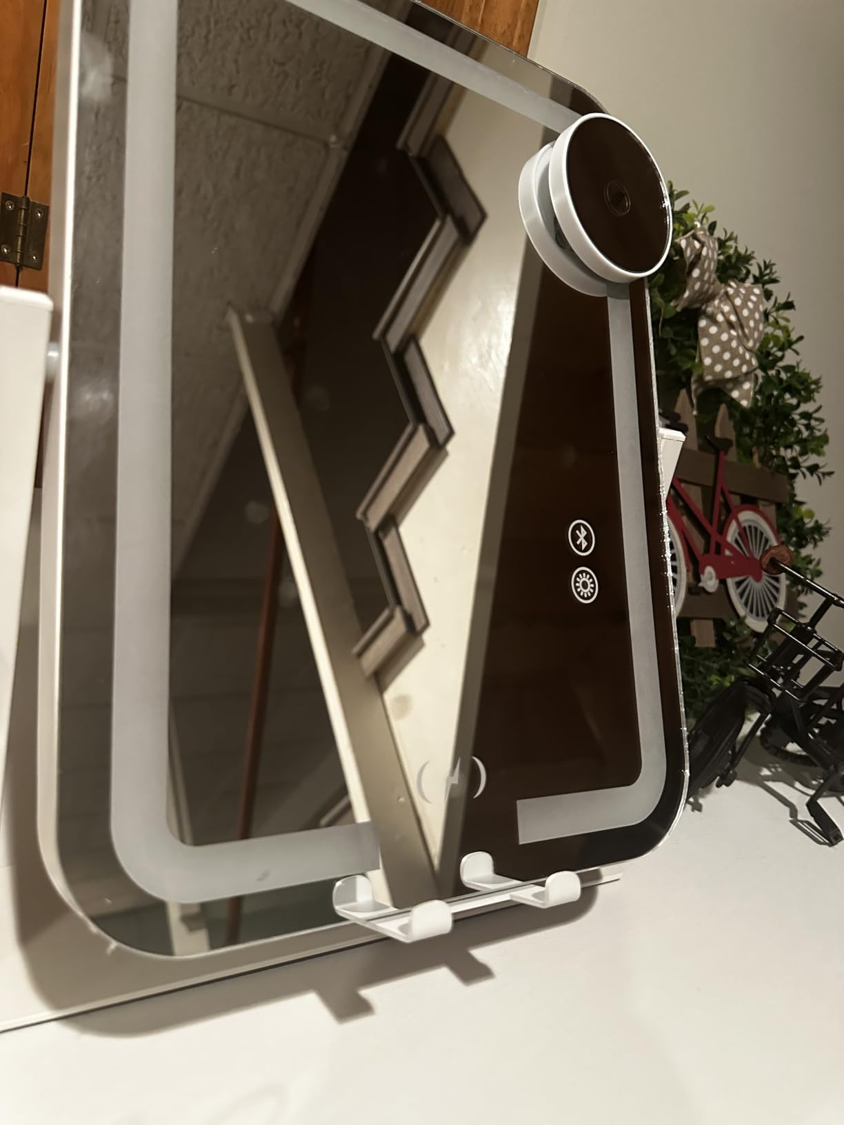 Bluetooth Speaker Vanity Mirror with Lights and USB Charging Port, LED Tabletop Makeup mirror with 3 Light Colors Stepless Dimmer, Light Memory, 360° Swivel, Phone Holder, 10x for Bedroom Dorm customer photo 2